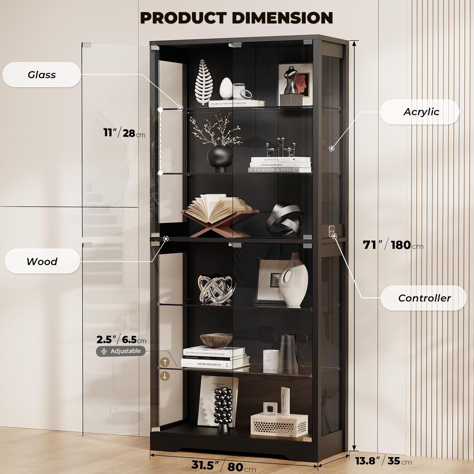 BROTTAR Vitrine 71 Pouces,Vitrine De Collection À 6 Étagères Meuble,Noir | Équipée De 3 Couleurs D'Éclairage,Équipée De Détecteur De Présence,avec Étagères en Verre Amovibles,Idéal pour Le Salon