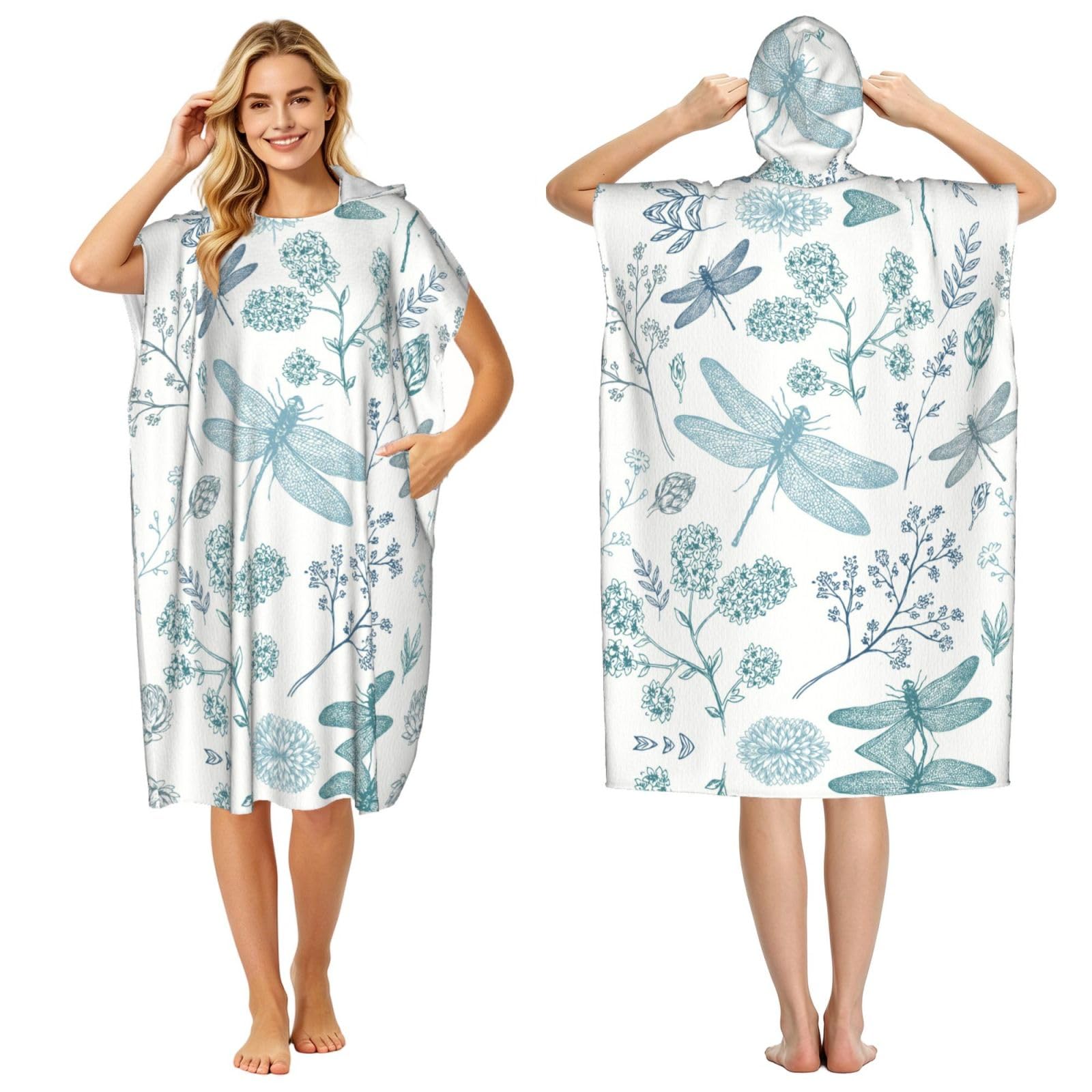 Esnaiuvcd Women's Black Dragonfly Print Changing Robe, Hooded Towel Poncho For Swimming Pool, Beach,Quick Dry & Light Weight Towelling Poncho For Adults Men