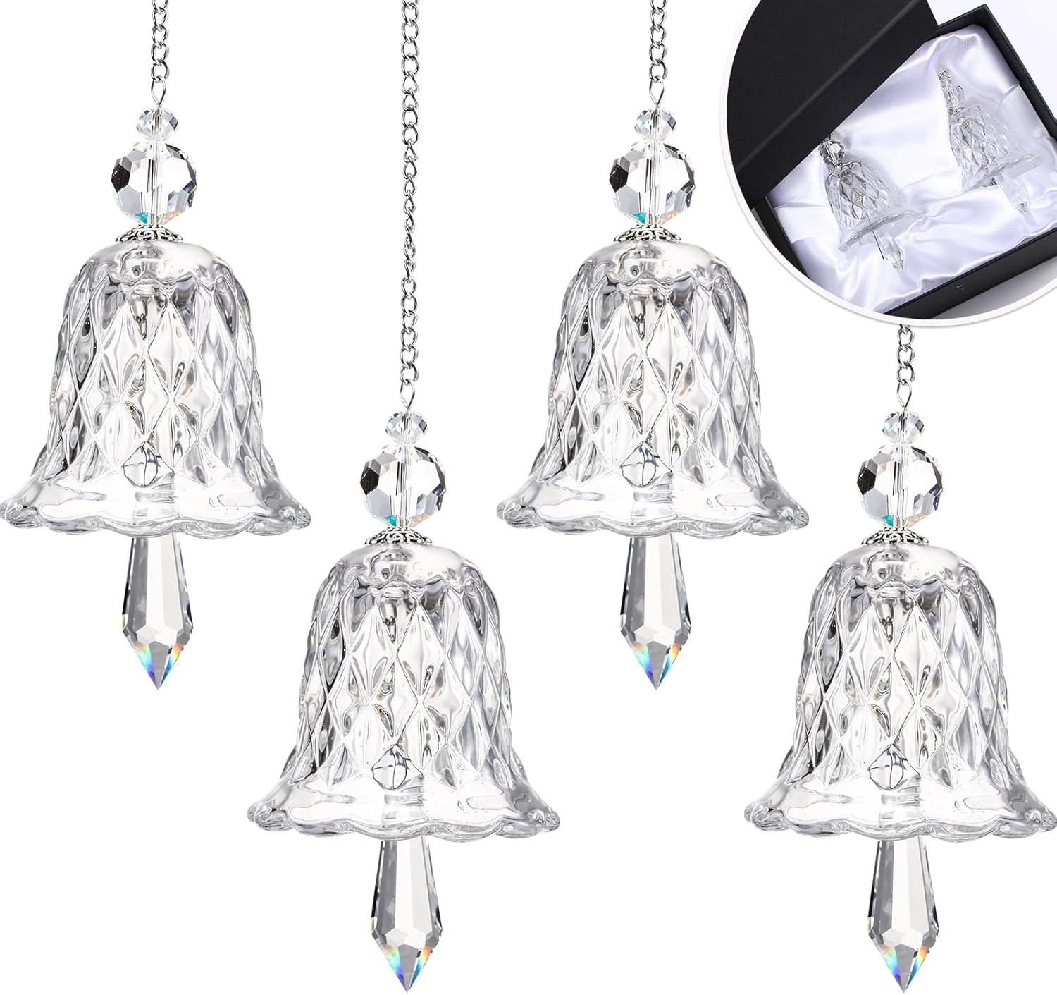 Maxcheck 4 Packs Crystal Glittering Christmas Bell Ornaments Glass Bell Hanging for Christmas Tree Xmas Party Decoration Home Office Supplies(Clear)
