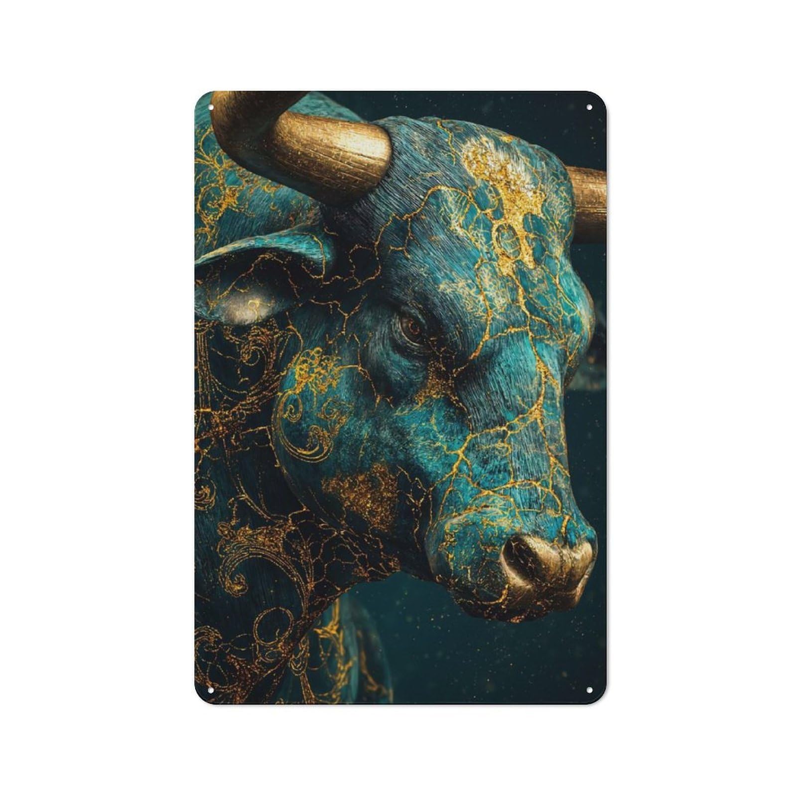 Ornate Golden Bull Teal Kintsugi Rustic Metal Plaque 30x20cm for Living Room Or Hallway, for Garage, Workshop And Man Cave Decoration