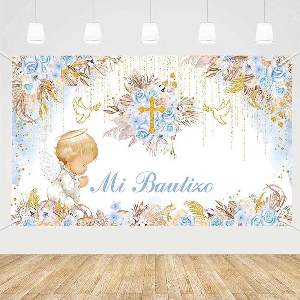 MEHOFOND 6x3.6ft Mi Bautizo Backdrop Blue Floral First Holy Communion Photography Mi Primera Comunión Party Decorations Angel Baptism God Bless Cross