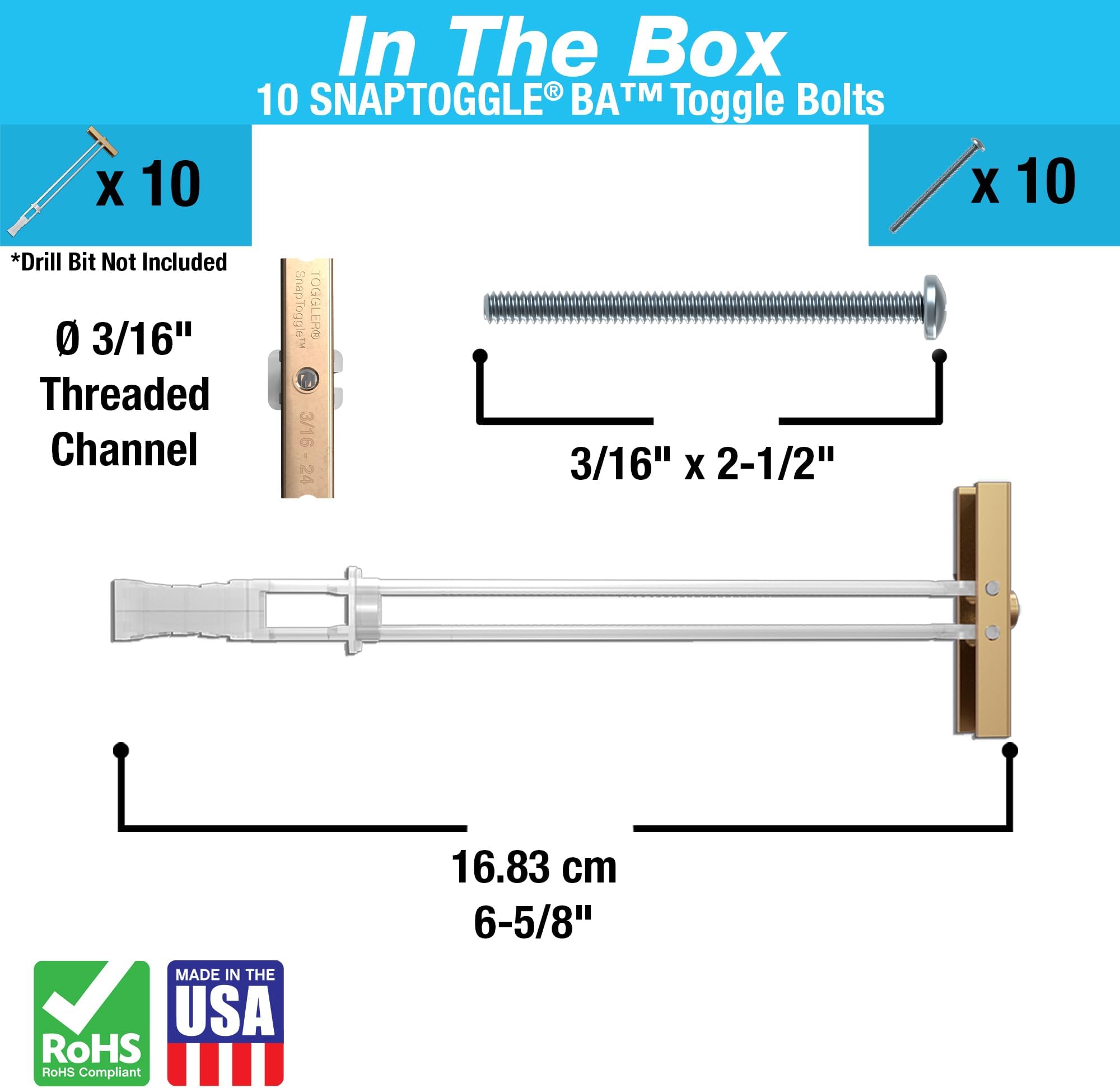 Tools & More Hex Head Toggle Bolt, 10 Pack, Alloy Steel, Zinc Finish, 1/4 in UNC Thread, Grade 2 Hardness