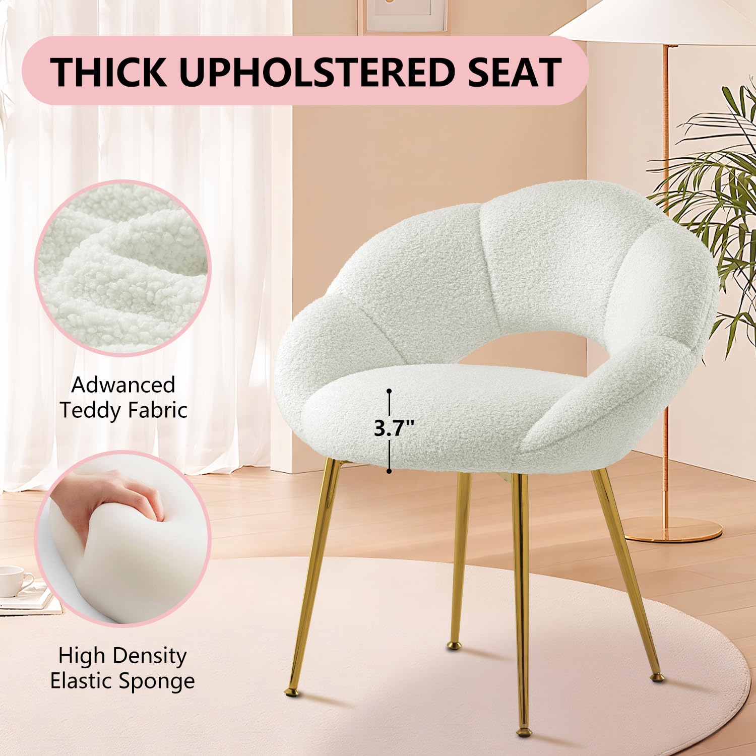Sedia da Scrivania Imbottita e Comoda - Poltrona da Ufficio con Schienale Floreale - Sedia Moderna per Trucco in Tessuto Teddy - Oro e Bianco