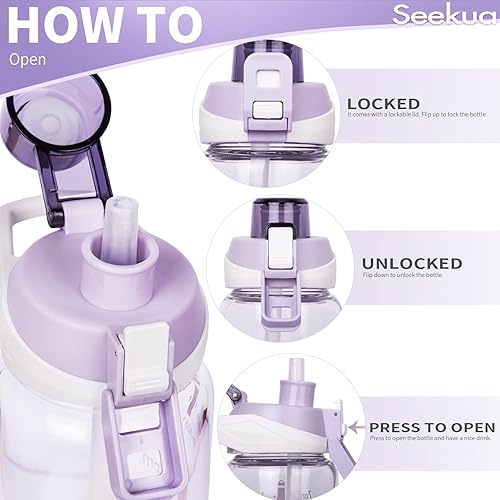 Miniatura 9 de Seekua Botella de agua deportiva de vidrio de 32 onzas con popote y marcador de tiempo, botella de vidrio motivacional reutilizable grande para agua