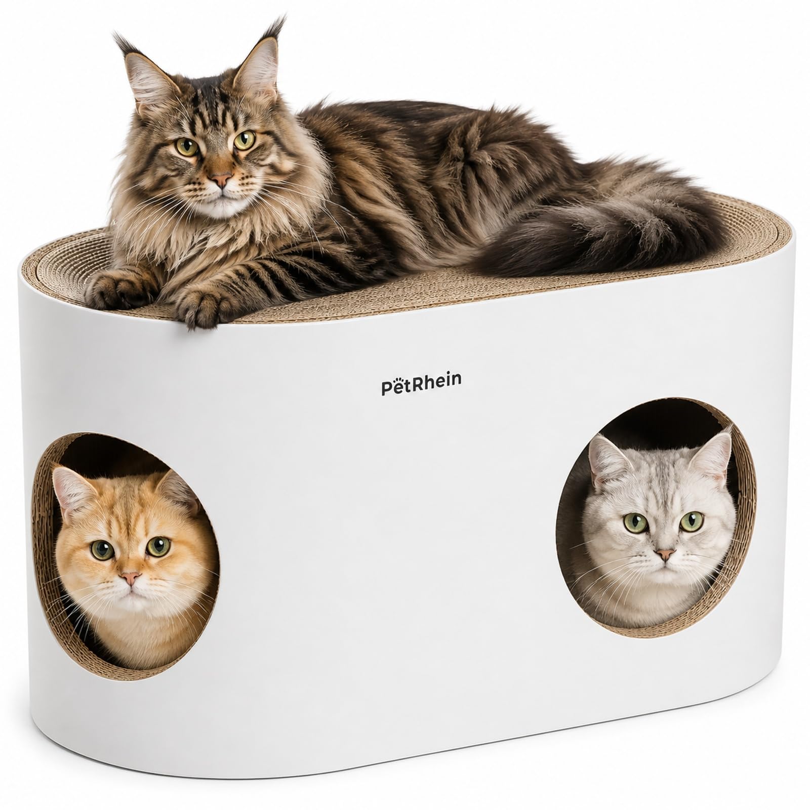 PetRhein Kratzbrett für Katzen aus Kratzpappe,3-in-1 großes Katzenhöhle mit Kratzmatte & Katzenbett – 64 x 35 x 36 cm– Stabiles Kratzpappe, Minimalistisches Kratzmöbel für Katzen