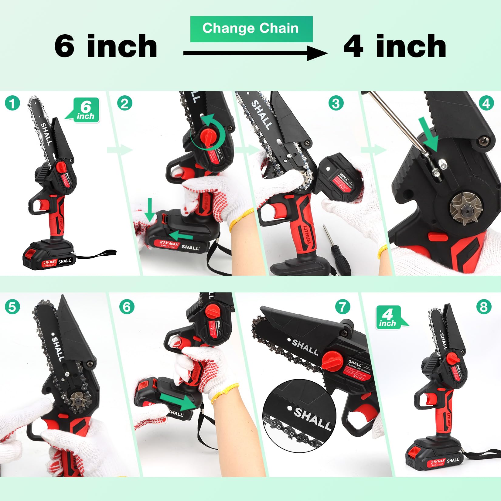 SHALL Mini tronçonneuse portable,Moteur sans balais 21 V,2 batteries à charge rapide,4 chaînes, coupant des branches, de jardinage meilleur choix pour mari, père, amateurs de bricolage en bois