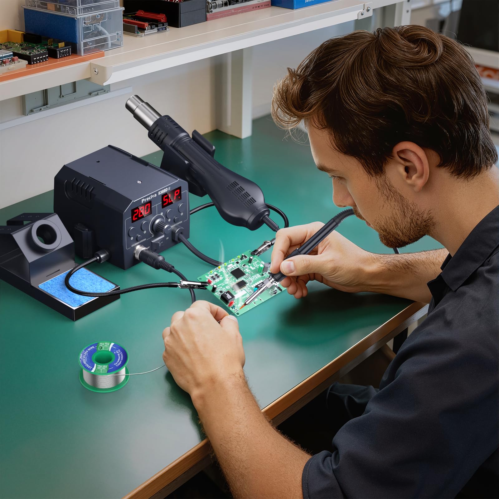 Preciva Estación de soldadura digital 938BD con manos de ayuda, pantalla dual, modo de suspensión de 10 minutos y calibración, enchufe británico de 220 V para reparación de bricolaje y placa de