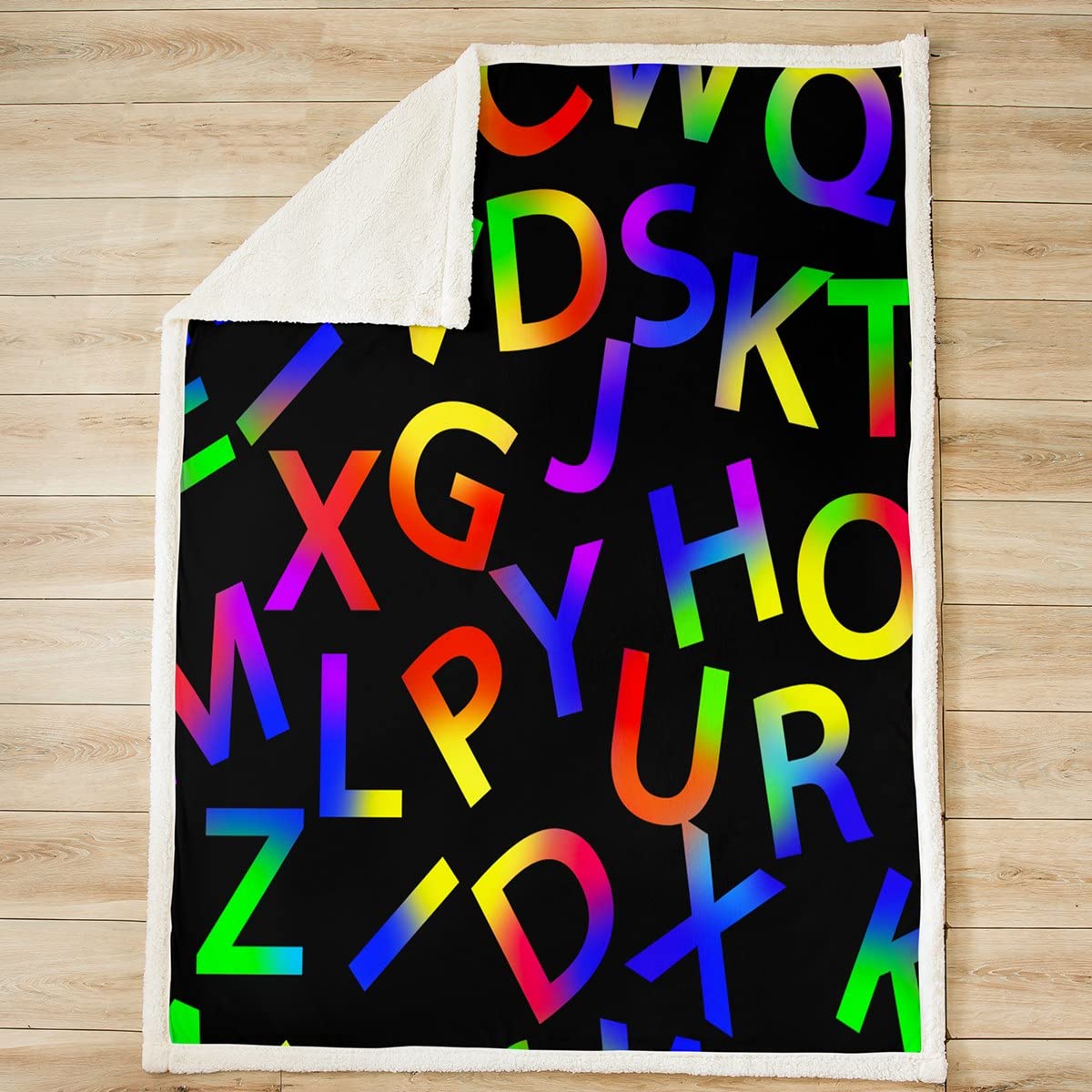 Coperta in peluche con lettere inglesi arcobaleno con lettere colorate, sherpa, , con sfumatura al neon, coperta educativa sfocata, per divano letto, regina 200 x 200 cm