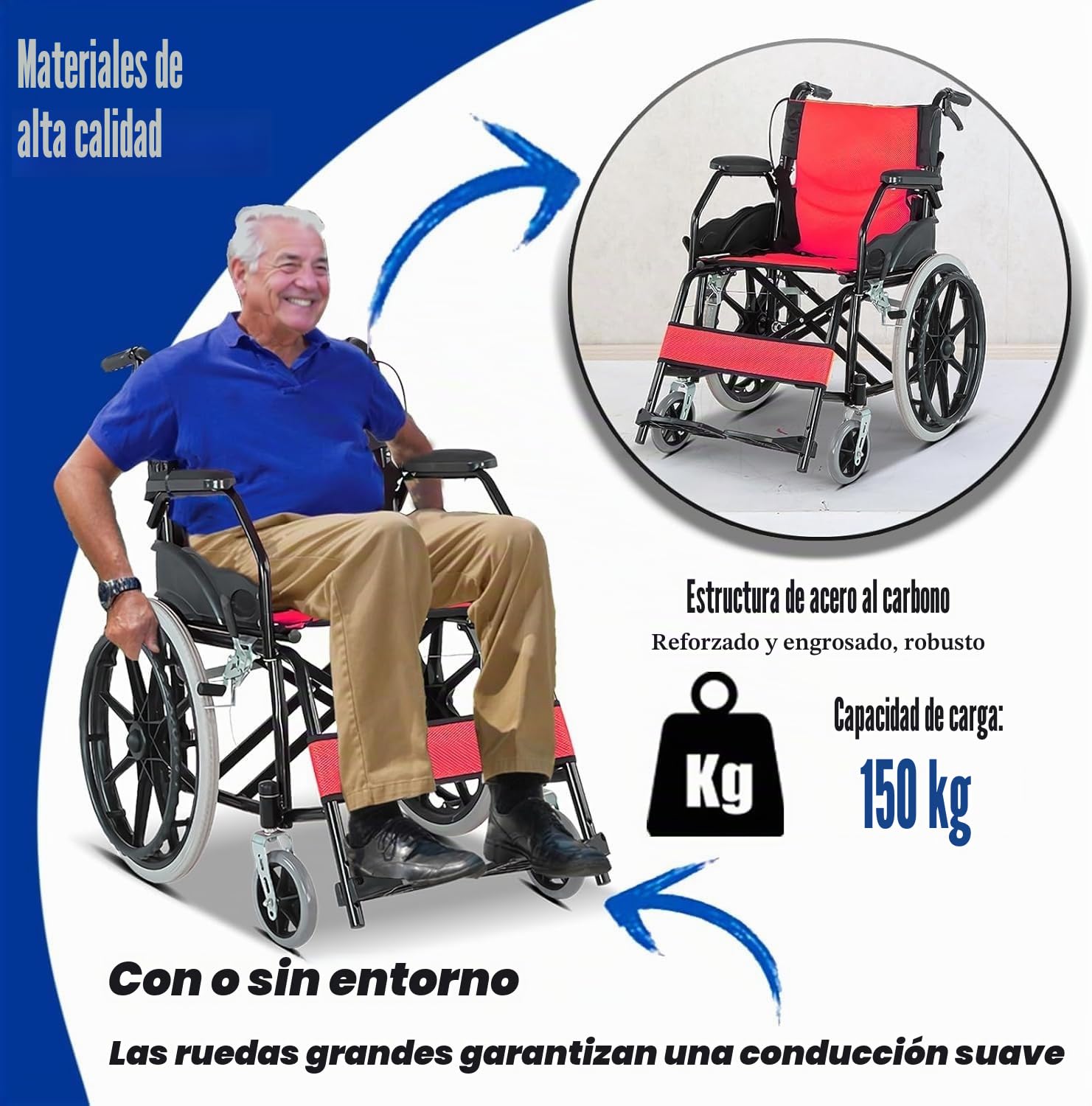Silla De Ruedas De Transporte Liviana Plegable,Capacidad De Carga 150 Kg,Silla De Ruedas Ligera Y Plegable con Freno De Tambor,con Autopropulsión,Silla De Ruedas De Viaje Black