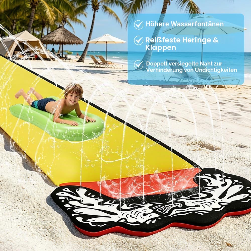 15.8 ft/480 Wasserrutsche Garten für Kinder, Wasserrutschmatte mit 2 Bodyboards, Rasenwasserrutschen mit eingebautem Sprinkler, Wasserrutschen Wasserspielzeug für Sommer, Outdoor (Gelb)