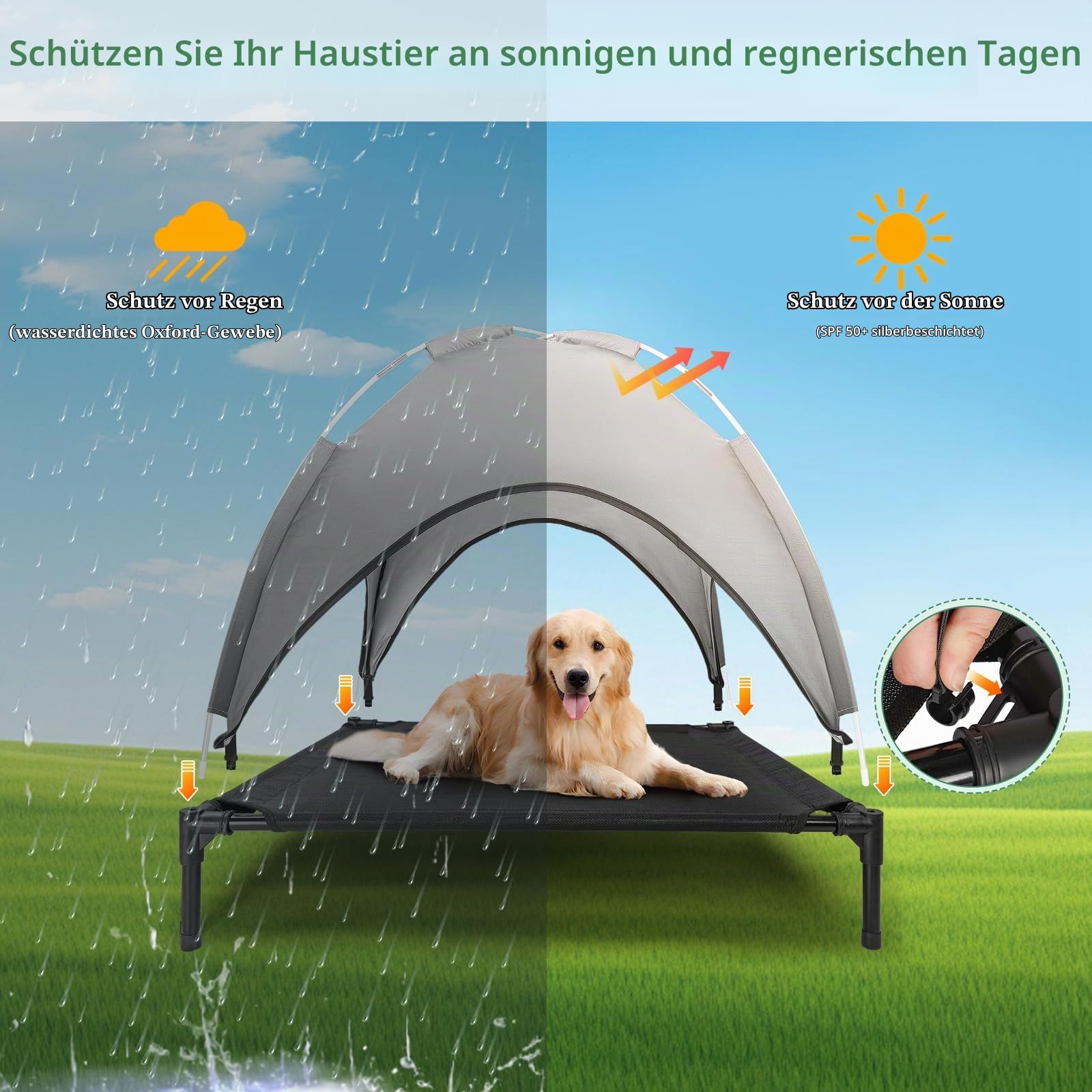 Haustierbett Haustierzelt mit Baldachin, Erhöhtes Hundebett, Haustierliege Wasserdicht und Atmungsaktiv, für Indoor & Outdoor (92x76x94cm)