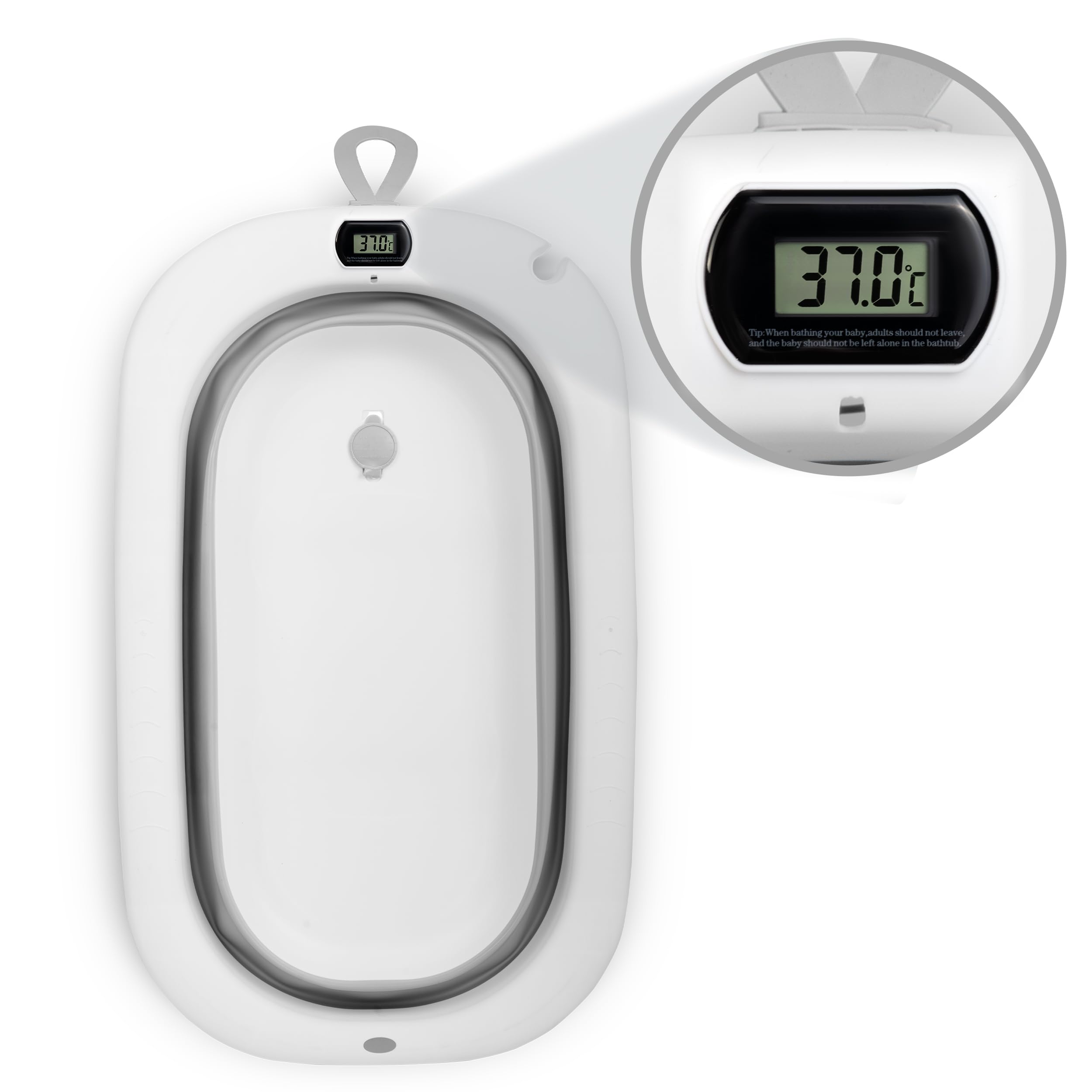 Ricokids Vasca da bagno per bambini con struttura termometro e cuscino da bagno, pieghevole, leggera, antiscivolo, colore: bianco e grigio