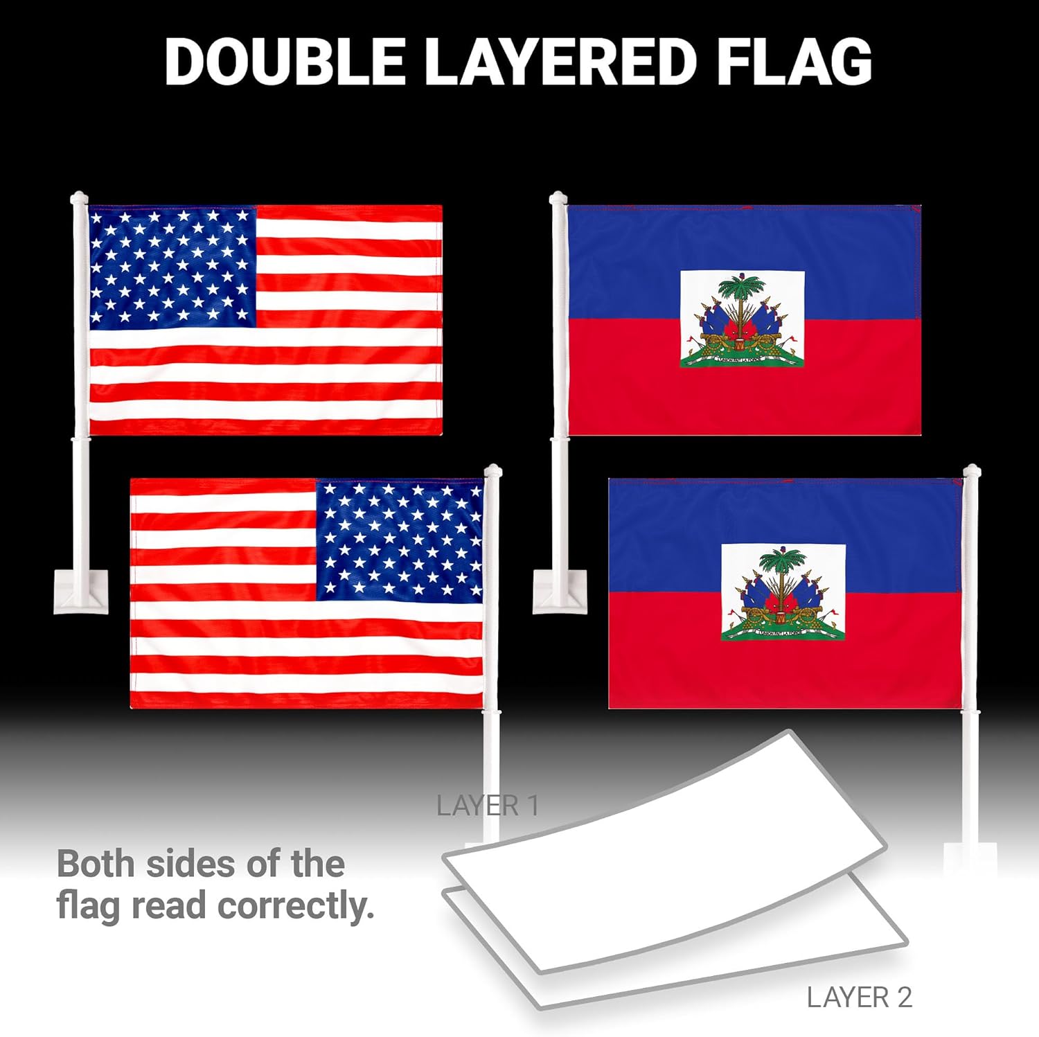 G128 Combo Pack: American USA Car Flag & Haiti Haitian Car Flag 11x17 In | Both Double Sided Printed 150D Polyester | Flagpole Included | Perfect for Festival Celebrations, Parades