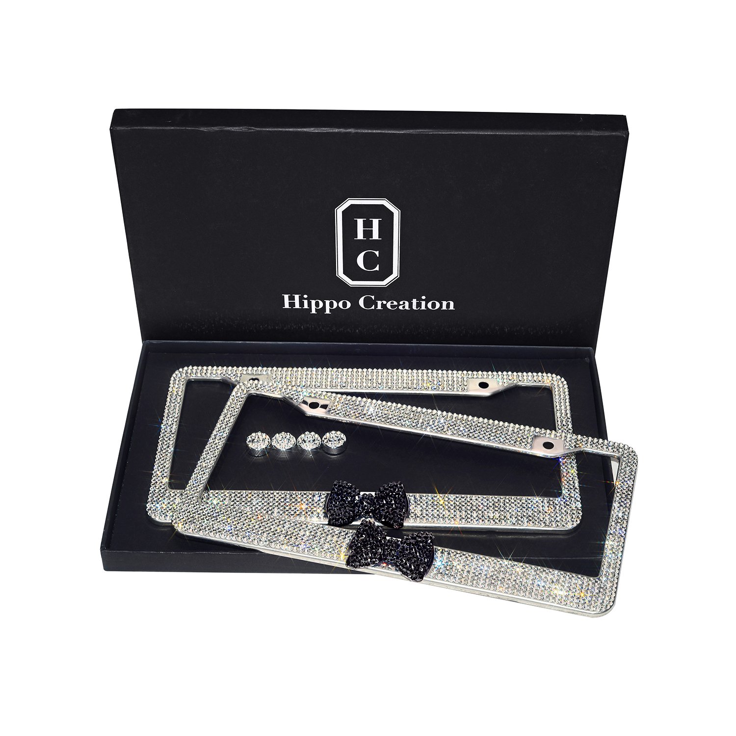 H C Hippo Creation2 Pack Luxury Handcrafted Bling Black Bow Clear Rhinestone Premium Stainless Steel License Plate Frame with Gift Box | 1000+ pcs Finest 14 Facets SS20 Clear Rhinestone Crystal