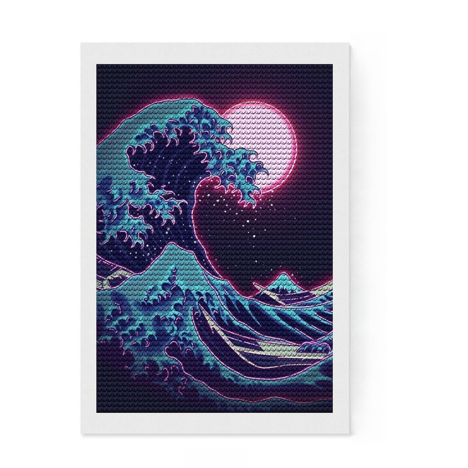 Junmoney Hoksau Wave Neon in Moon Diamond Painting Canvas Set 8"x12", Neat Printed Canvas, Creative Leisure Activity, Cosy Home Accent