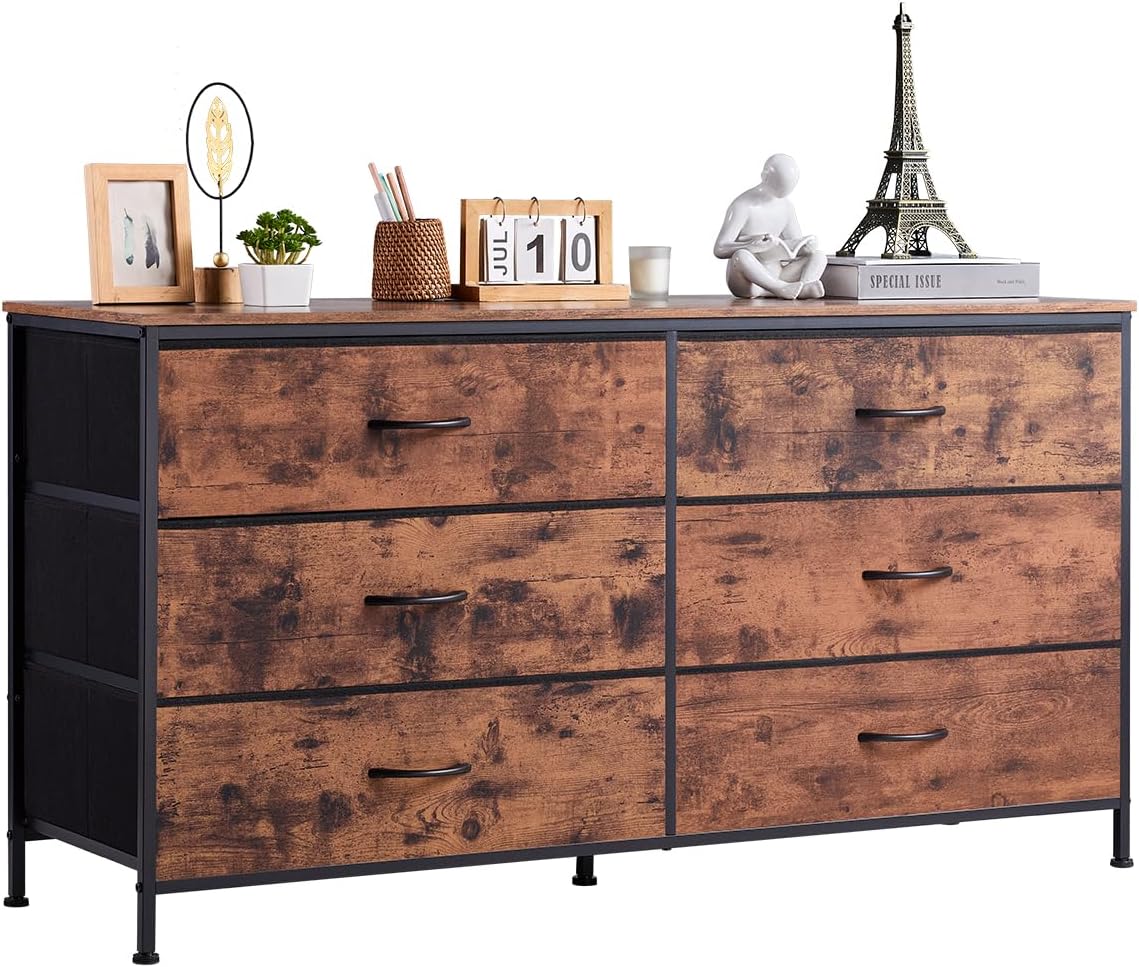VEVOR 6 Drawer Dresser, Tall Chest Organizer Drawer Dresser, TV Stand with Storage, Closet Storage Drawers with Sturdy Steel Frame, Fabric Storage Tower for Bedroom, Hallway, Closet, Rustic Brown
