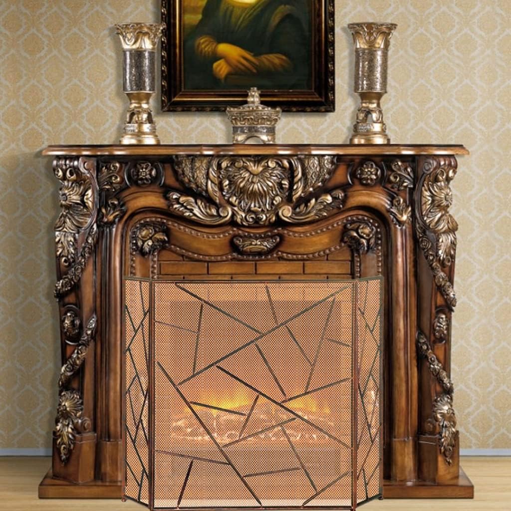 Simple Fireplace Screen Freestanding 3 Fold Fire Barrier with Wrought Iron Mesh Hollow Fire Screens for Fireplaces e Golden Fireplace Spark Guard Fire Place Ass (Brass)
