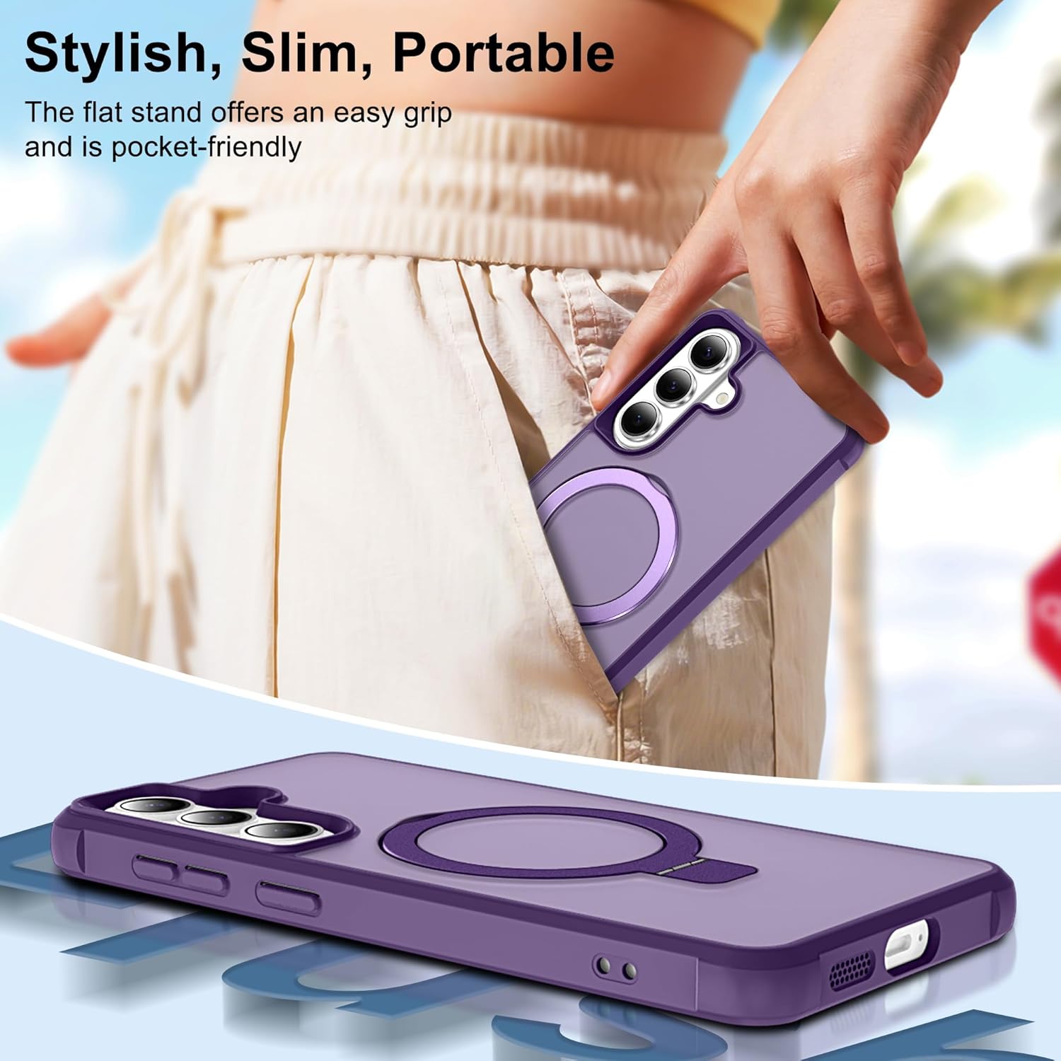 Magnetic Stand for Samsung Galaxy S26 Case [Military Grade Drop Protection] with Kickstand, Matte Translucent Slim Case for S26 6.3", Purple