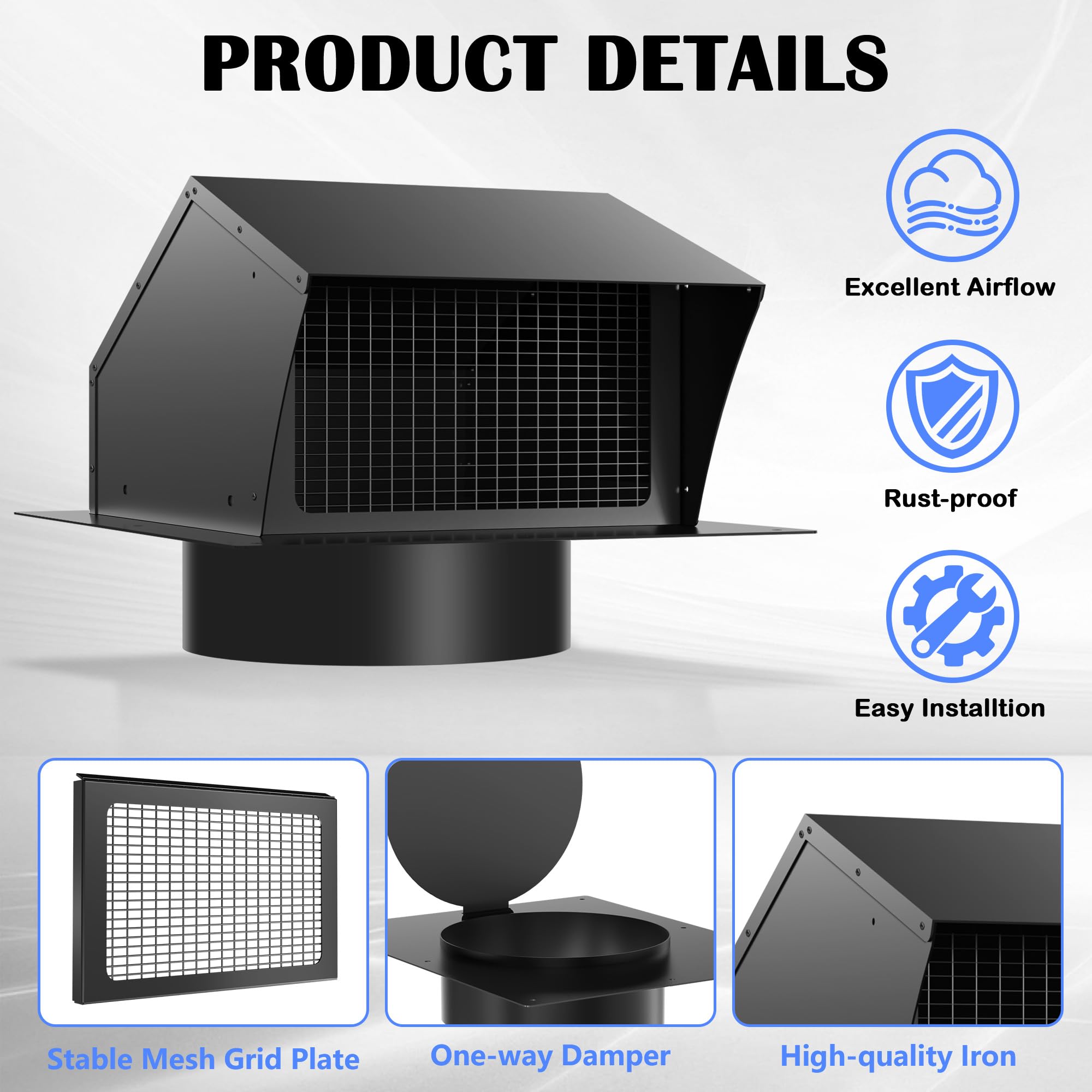 Removable Roof Vents 8 Inch, Hon&Guan Roof Vent Cap Galvanized Steel Bathroom 8 Roof Exhaust Vent For Ventilation System With Damper Black - View #7