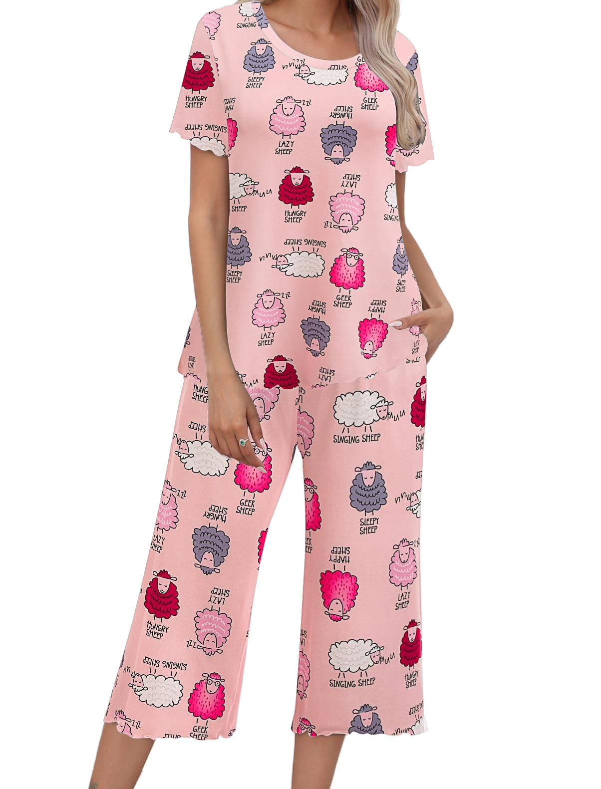 Ekouaer Womens Pajamas Set Short Sleeve Sleepwear 2 Piece Round Neck Top Capri Pants Loungewear with Pockets