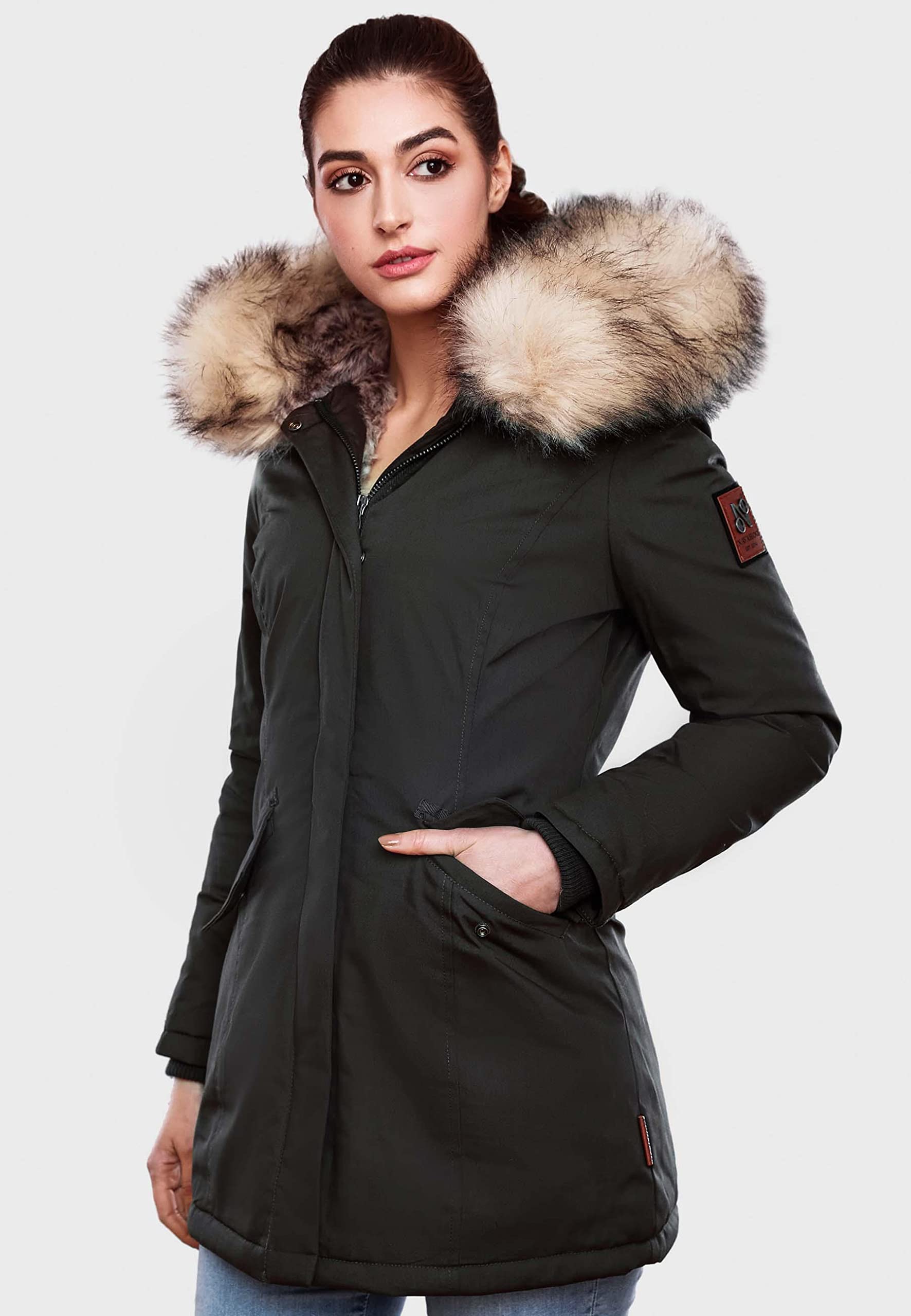 Navahoo Abrigo corto de invierno para mujer con capucha Cristal XS-XXL
