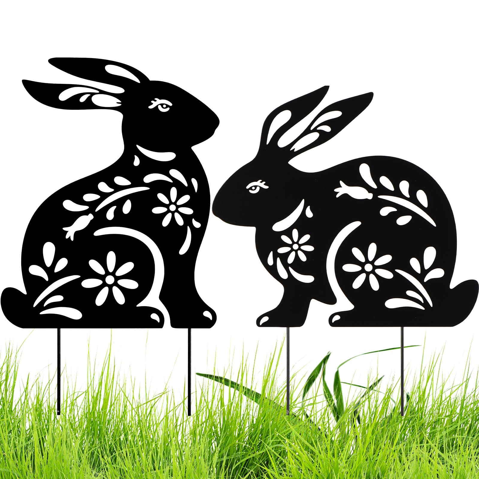 QINGLANG 2PCS Metal Rabbit Garden Statues Black Rabbit Silhouette Garden Ornament Decorative Creative Outdoor Stake Animal Lawn Art Decor for Home Yards Patio Garden Backyard