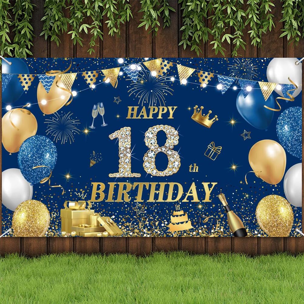 Yontree Happy 18th Birthday Banner 180 * 110cm Blue Gold Happy Birthday Banner Backdrop 18th birthday Decorations for Boys Girls, 18 Years Old BIRTHDAY Anniversary Party Supplies