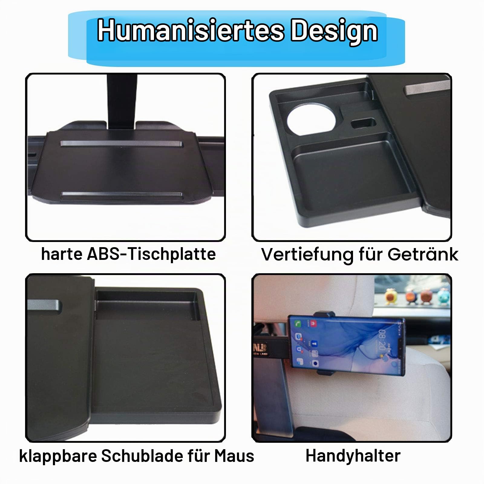 Kwak's Autotisch Multifunktionaler Klapp Schreibtisch für Auto Lenkrad Rücksitz Essen Tablett Getränkehalter Stabile Faltbare Tischplatte