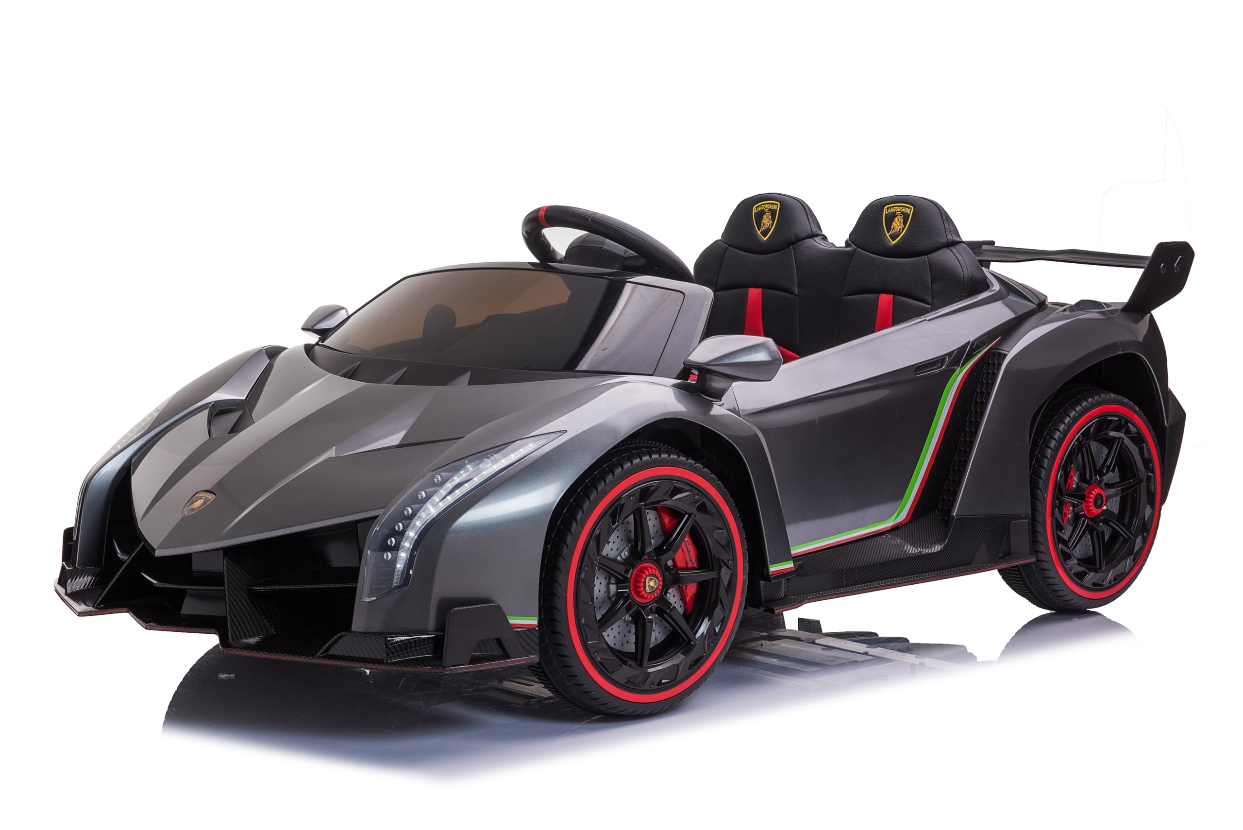 FINOOS Auto macchina elettrica per bambini Lamborghin Veneno 24V 2 posti, 4X4, sedile in pelle, ruote in gomma con telecomando 2,4 GHz da 1 a 7 anni (Grigio metallizzato)