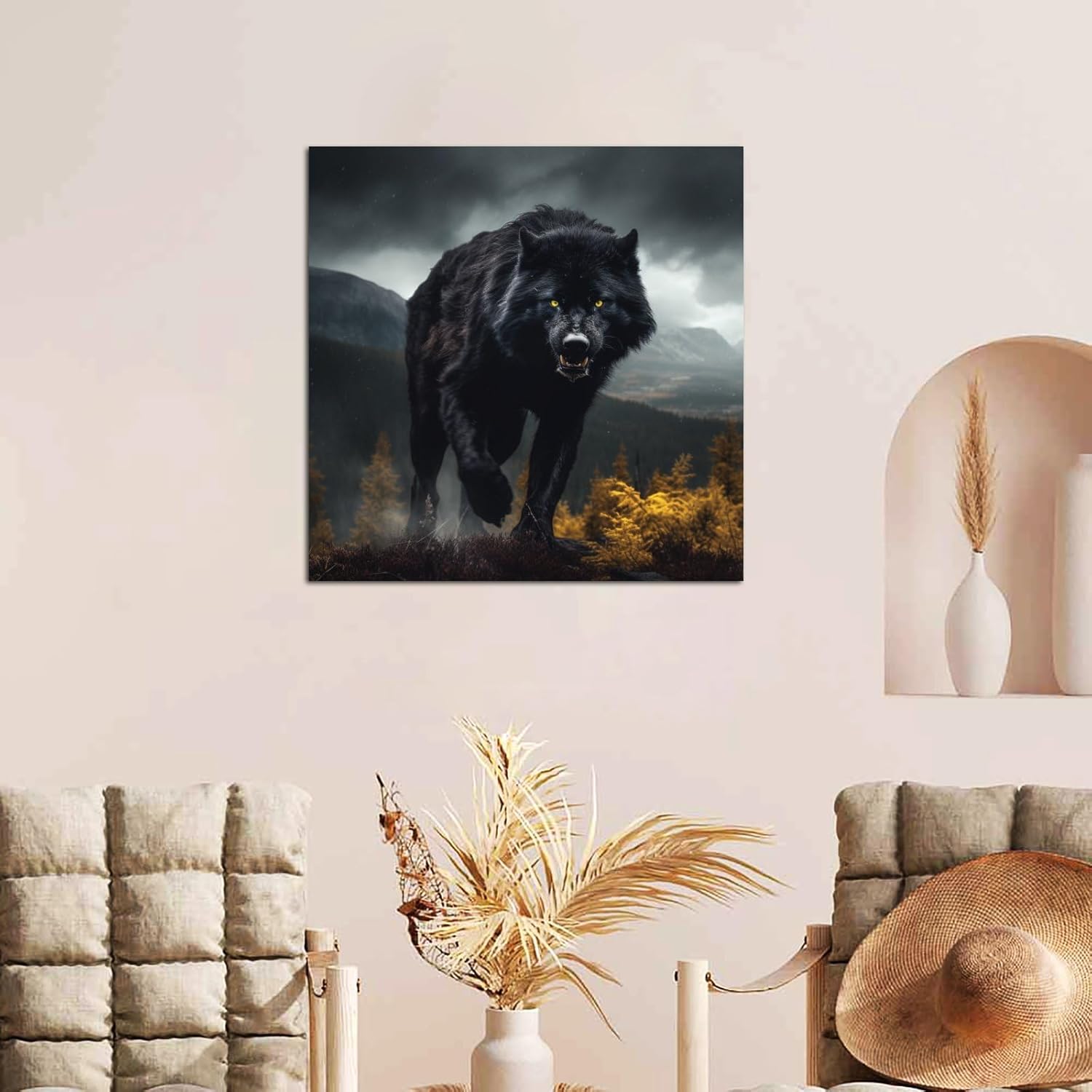 Black Wolf with Yellow Eyes in The Forest Poster Decorative Painting Canvas Wall Art Living Room Posters Bedroom Painting 16x16inch(40x40cm)