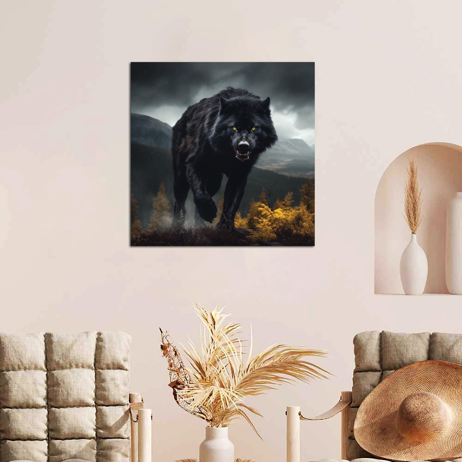 Black Wolf with Yellow Eyes in The Forest Poster Decorative