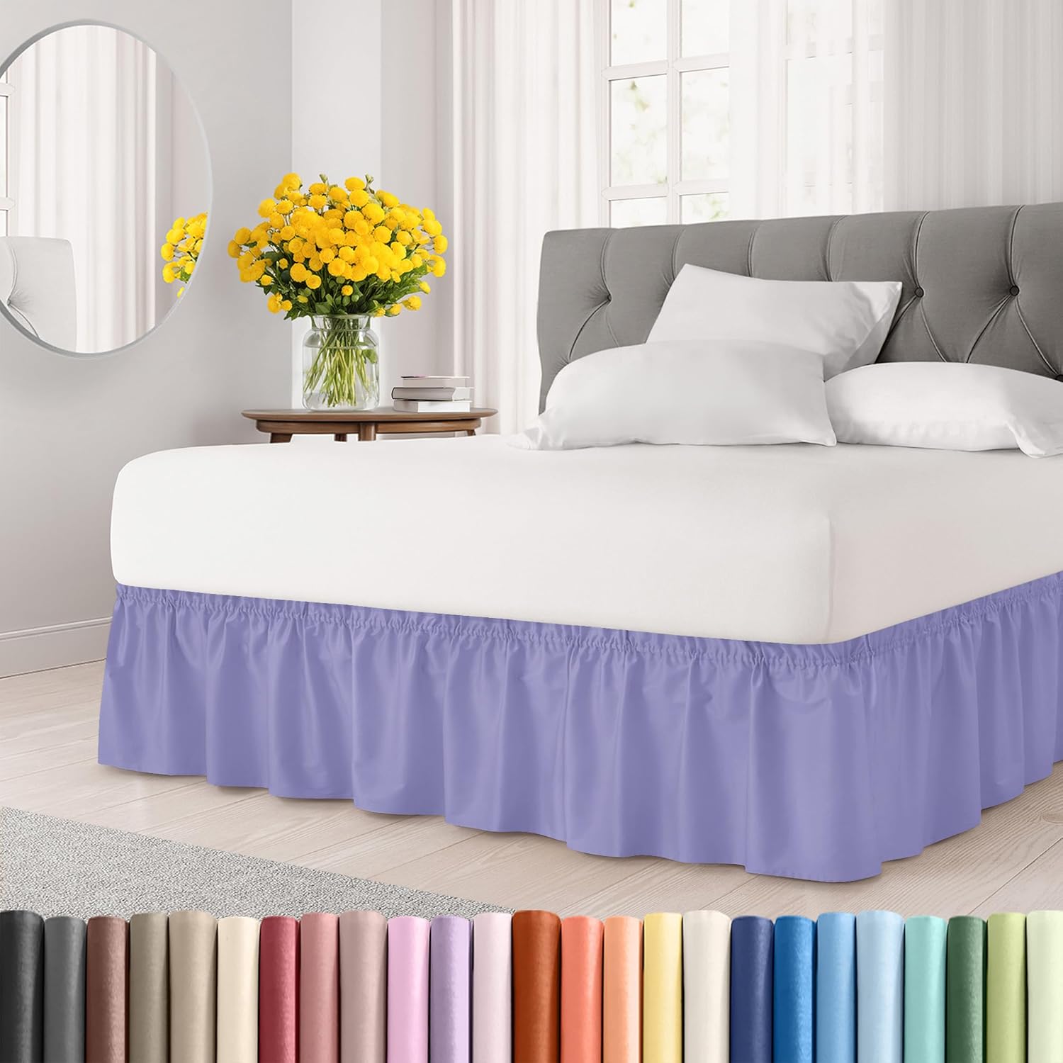 Wrap Around Dust Ruffle Bed Skirt - Lavender - for King Size Beds with 18 Inch Drop - Easy Fit Elastic Strap - Adjustable Pleated Bedskirt w/Brushed Fabric Wrinkle Free - for Women, Men, Kids & Teens