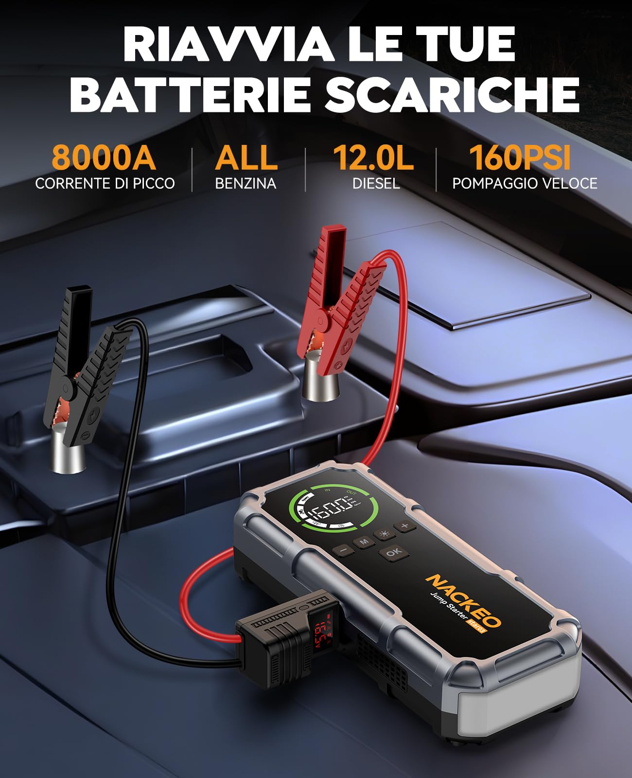 Avviatore Batteria Auto con Compressore 160 PSI, 8000A Avviatore Emergenza per Auto/Moto per (Tutti Gas 12L Diesel), 12V Booster Avviamento Auto 600 lumen LED/Ricarica USB-C, Ampio display LCD