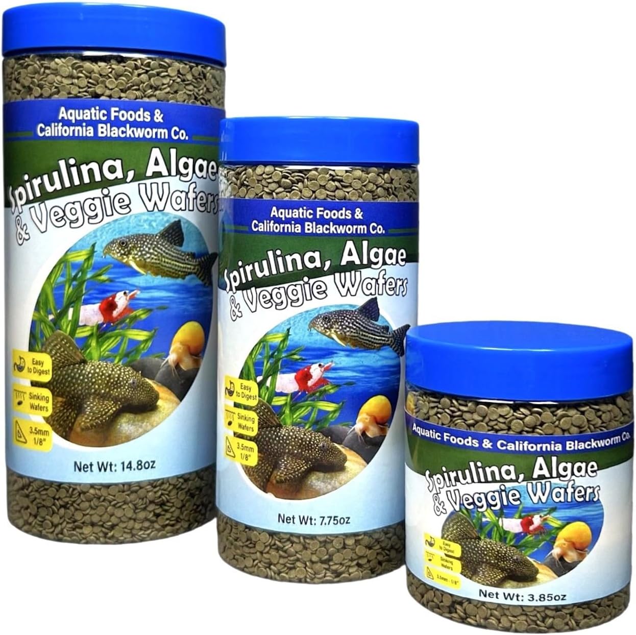 Aquatic Foods Inc. 3.5mm - 1/8" Micro Sinking Wafers of Spirulina, Algae & Veggies for Bottom Fish, Plecos, Shrimp, Snails, Tropical Fish, 4-Type Wafer & 12-Type Pellet Mix Included..1-lb 4oz Canister