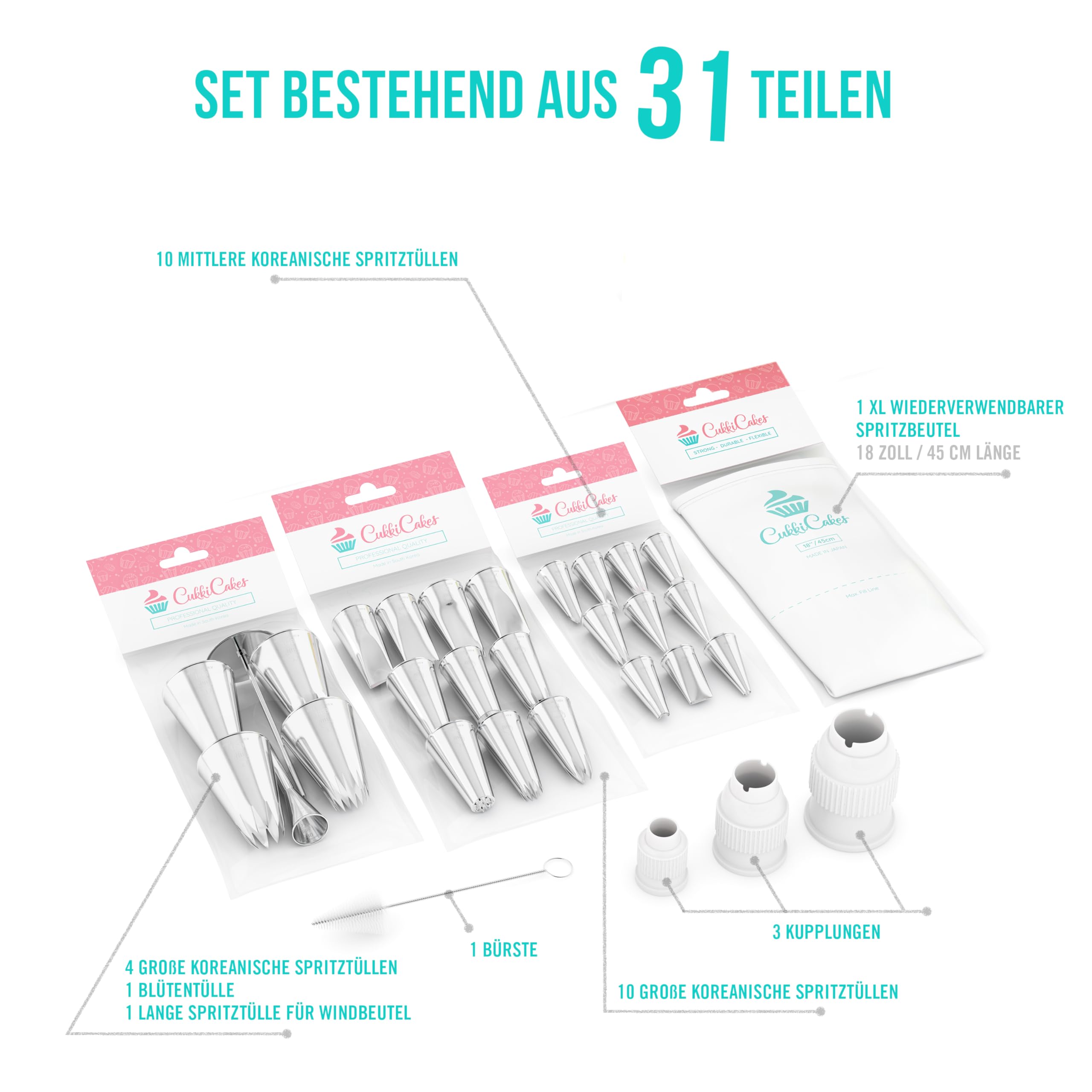 Spritzbeutel Mit Tüllen Profi Set (31 Stück): Spritzsack Wiederverwendbar Groß (45cm) + 26 Spritztüllen + Krapfentülle + Blumennagel | Torten Spritztüte Set Made in Japan & Korea