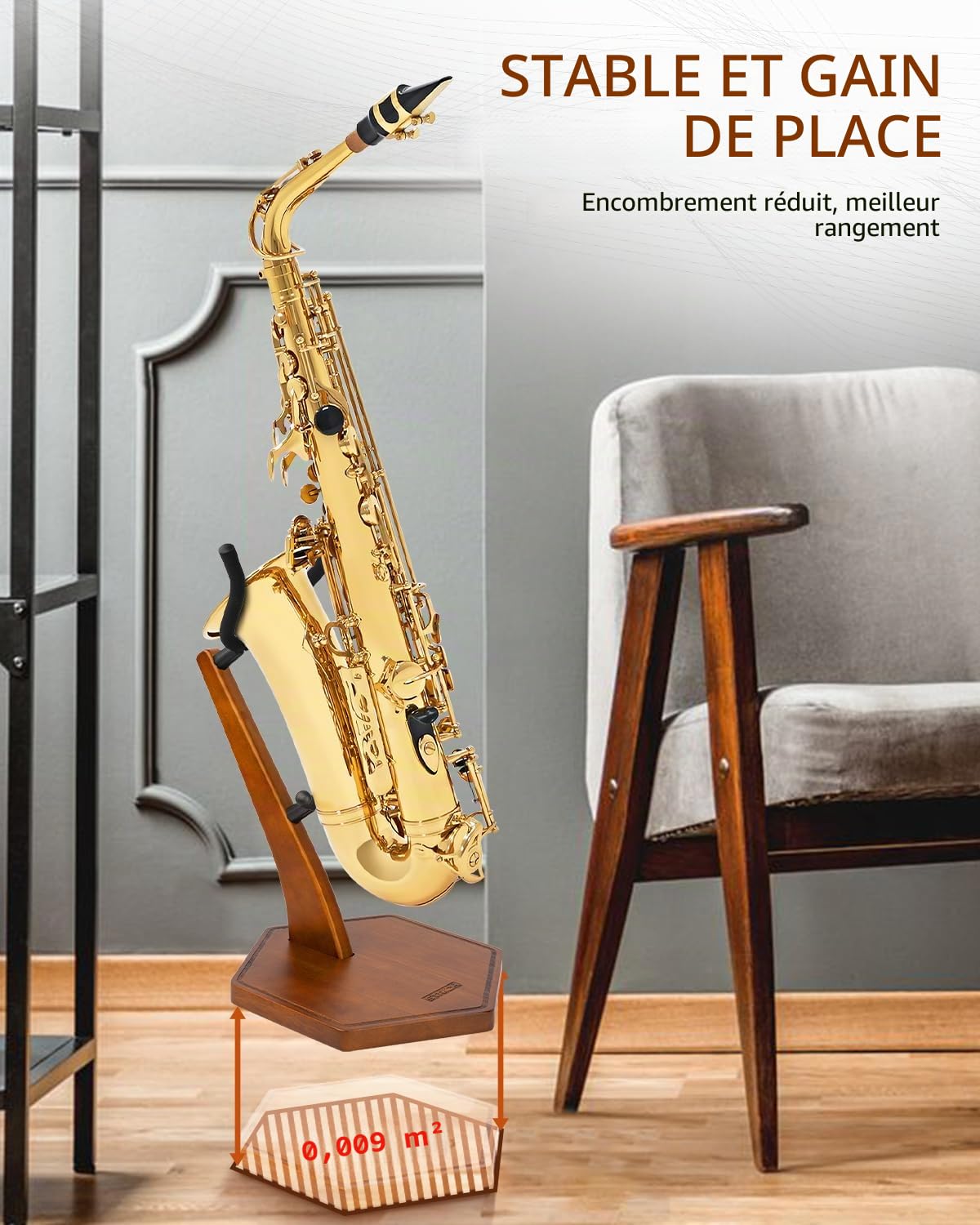 STRICH Support de saxophone alto/ténor fait à la main en bois massif, couleur noyer, base lourde lestée (FH-4, sax)