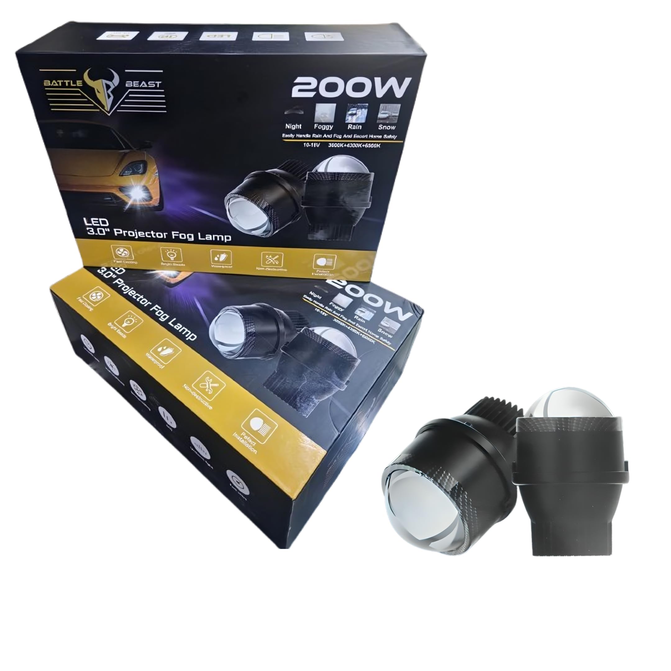Battle Beast 3.0” Tri-Color LED Fog Light Projector for Car 200W (3000K/4300K/6000K) Sharp Beam IP65 Waterproof Universal Fit Set of 2-image-39