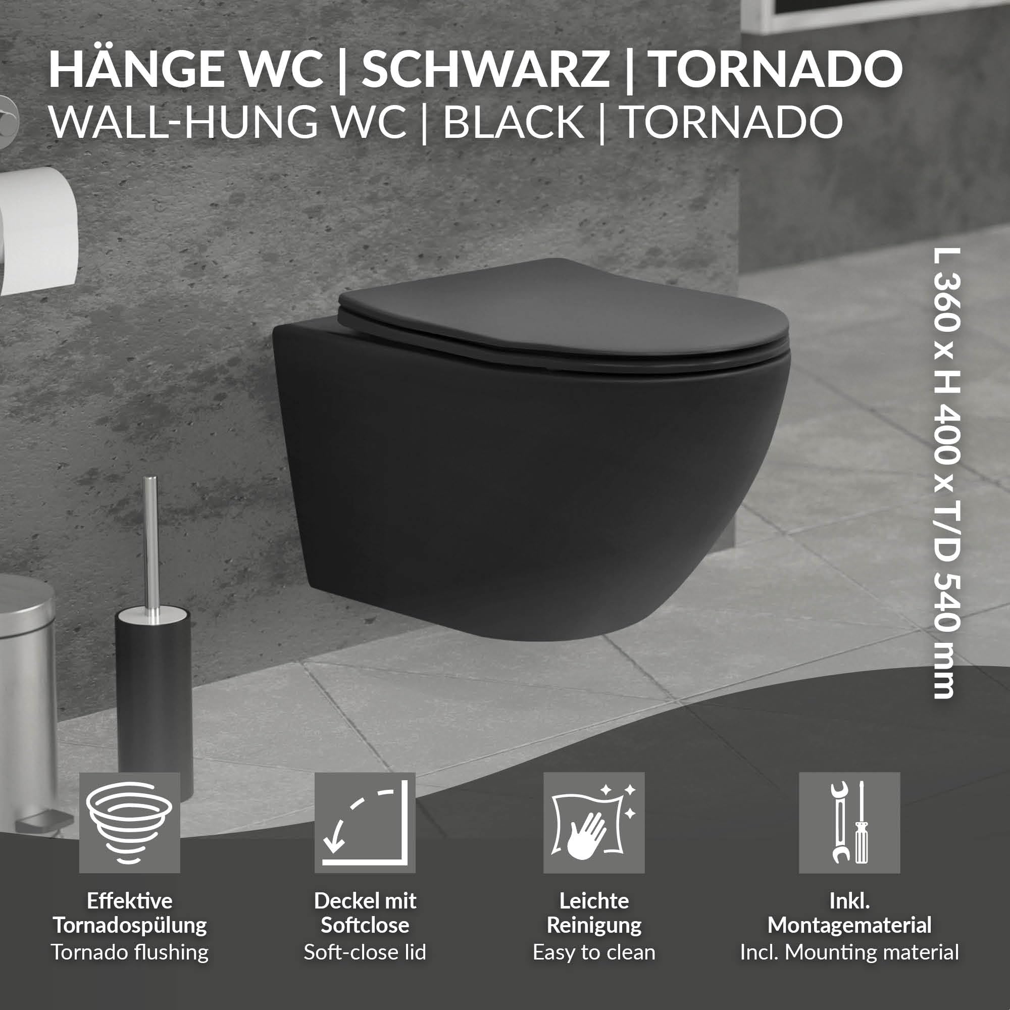 LuxeBath WC Suspendido Negro Mate de Cerámica sin Borde, Inodoro Colgante 54cm Largo con Descarga Profunda de Tornado para Baño, Wáter con Asiento Extraíble y Tapa Softclose