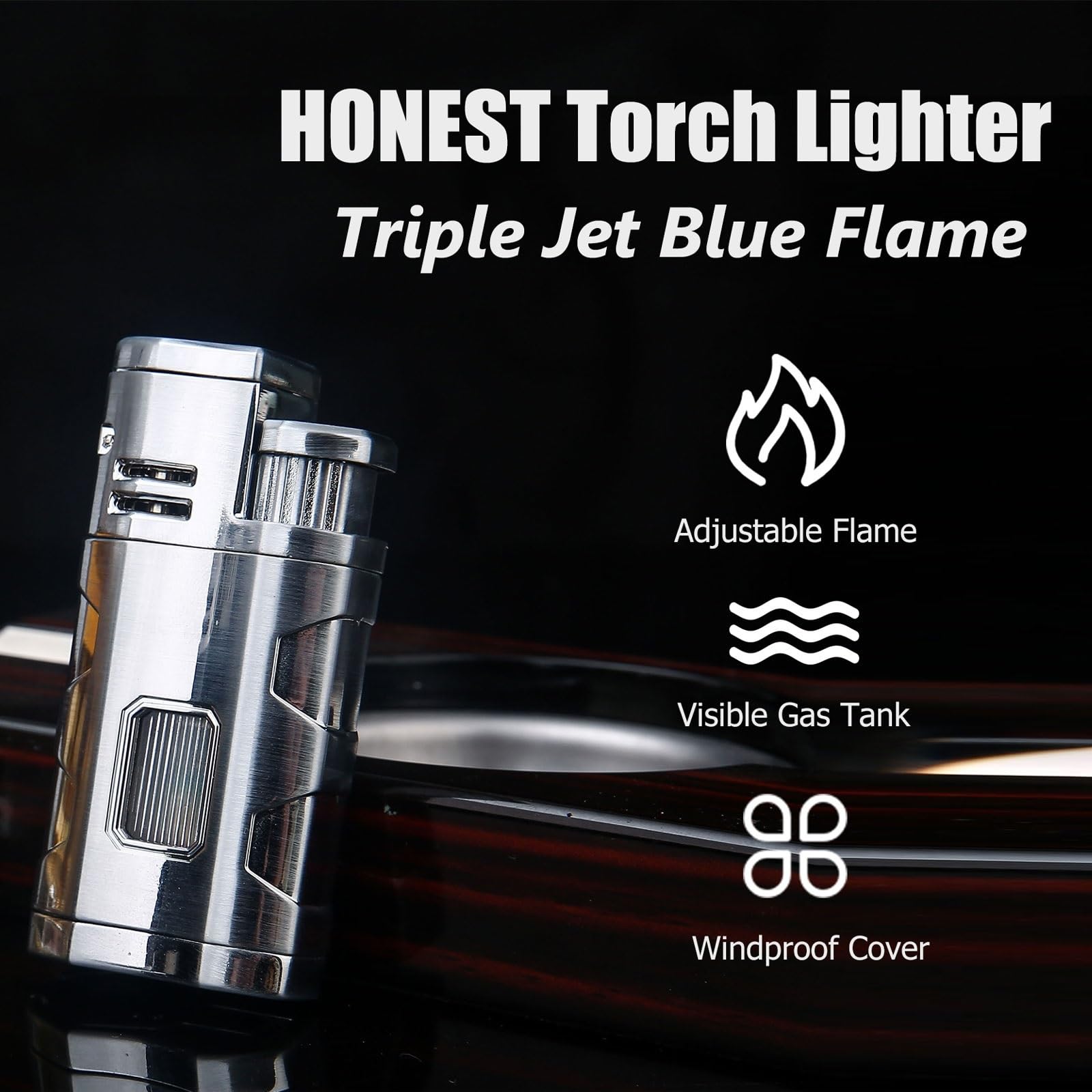 Triple Jet Flame Vintage Metal Butane Lighter with Visible Gas Window Push to Ignite, Adjustable Flame Windproof Portable Lighter for Candle Camping Gift (No Fuel Included)(Red Brass)