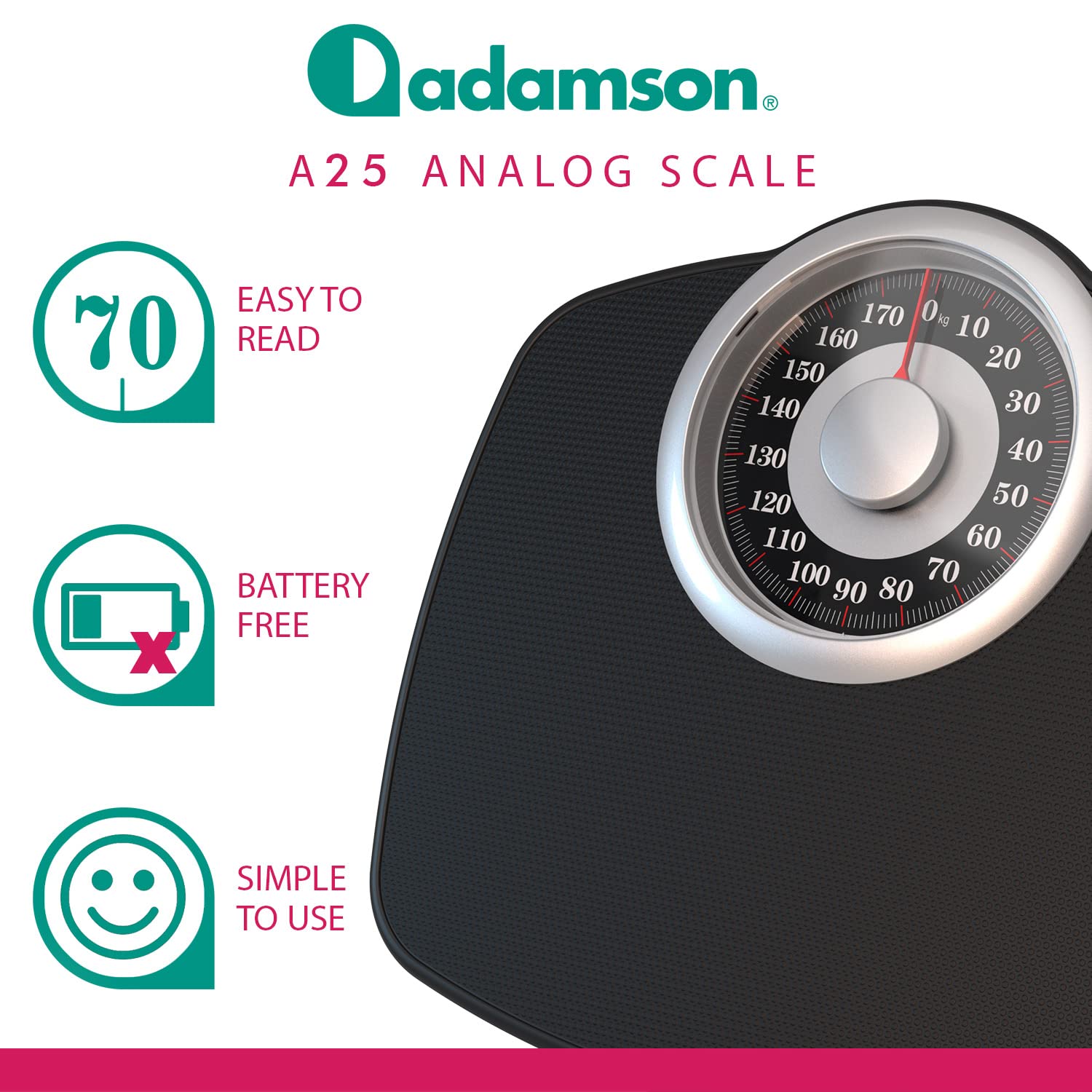 Adamson A25 Analogowa Waga Osobowa 180 kg Antypoślizgowa Powierzchnia Gumowa Duże Cyfry