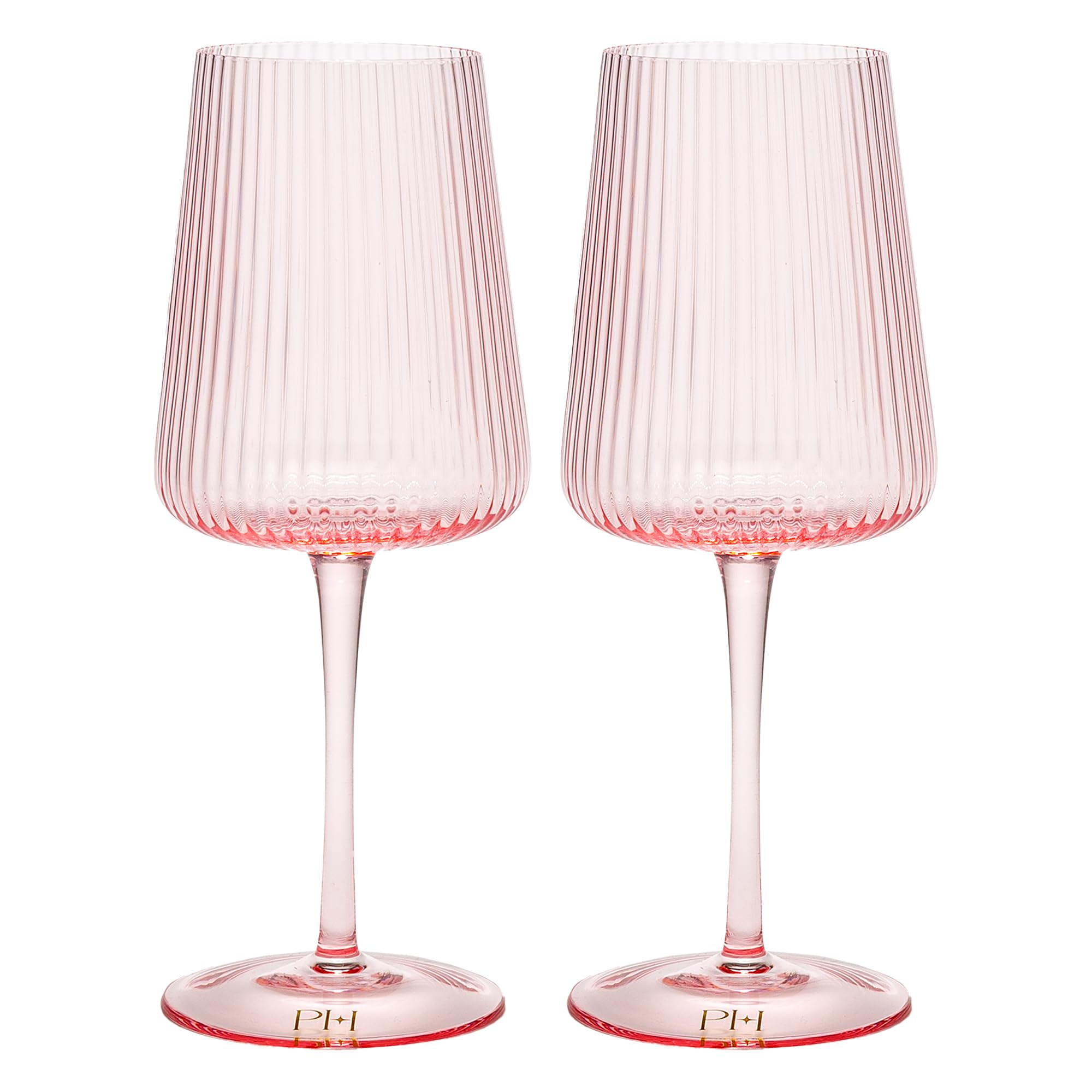 Paris Hilton Juego de copas de vino acanaladas, elegante cristalería estriada, perfecta para vino tinto o vino blanco, juego de 2, 18 onzas, rosa