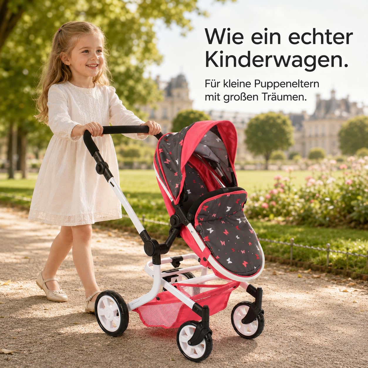 Bayer Chic 2000 Mika wózek dla lalek 2 w 1, koralowy motyl, składany, z regulacją wysokości 47-80 cm, nowoczesny stelaż, lalki do 52 cm, 4-8 J.