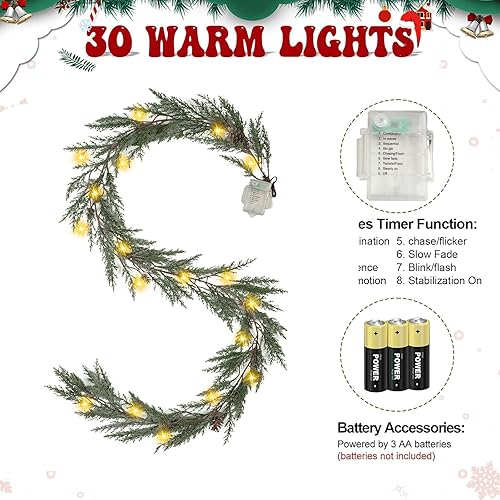 Miniatura 5 de Guirnalda de Navidad de 6 pies con luces, 30 luces cálidas con 8 modos de luz, guirnalda de Navidad preiluminada con piñas, guirnalda iluminada,
