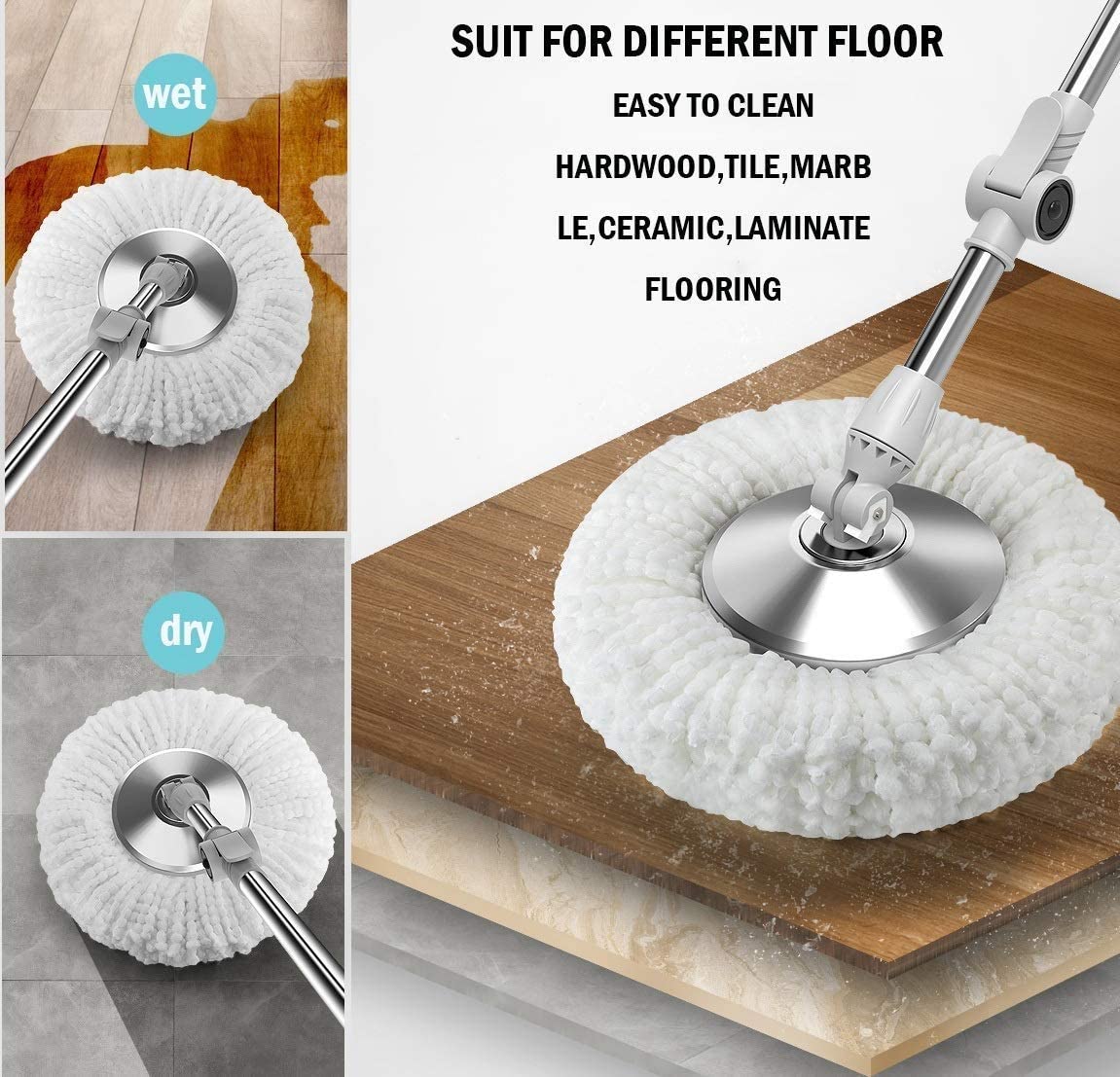 Fregona Piso Microfibra, fregona giratoria, escurridor, Cubo, Pedal, escurridor, Turbo, Cuatro impulsiones, fregona giratoria 360, fregona Polvo, Reutilizable 5 recambios Cabeza Microfibra