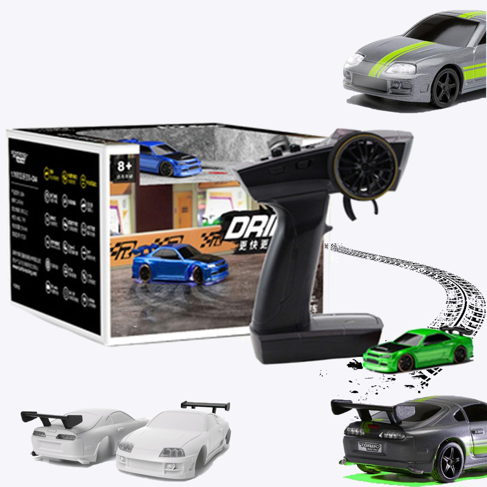 Ntddf High Speed Race Drift RC Car, Slidey Boys - Tabletop Drift RC Car, 1:76 Mini Drift Rc Car with Gyro, 2.4GHZ Rechargable Tabletop Drift Rc Car with LED Lights, 2 Replaceable Body Shell (Green)