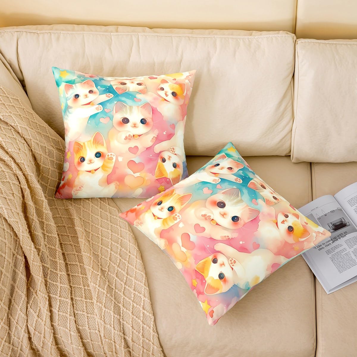 Cat Pillow Cover for Kids Teens,Lovely Pet Animals Throw Cushion Cover 20
