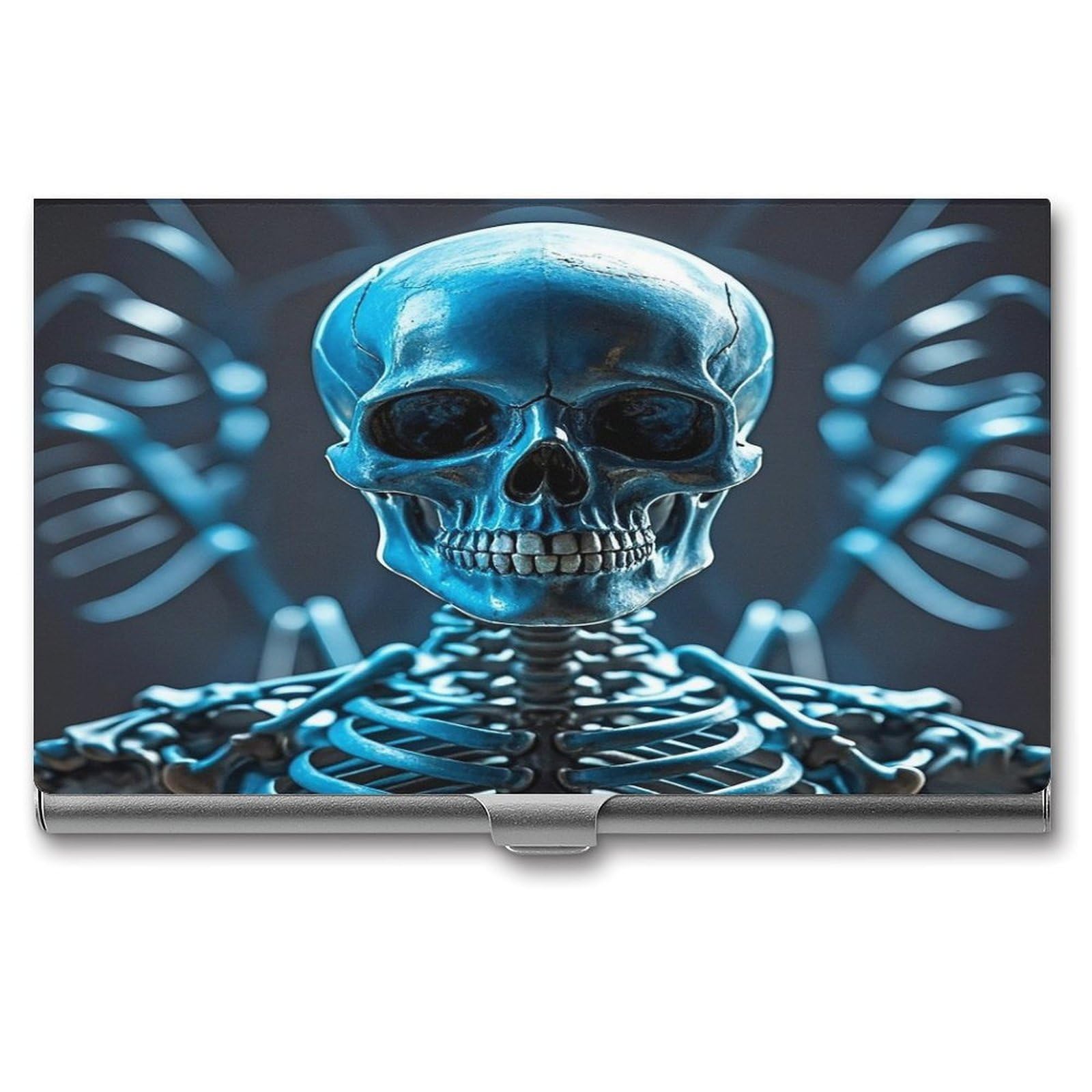 FekiLoot Blue Skull And Bones Business Card Holder Aluminum Alloy Business Card Case Convenient to Carry Business Card Dispenser for Men Women