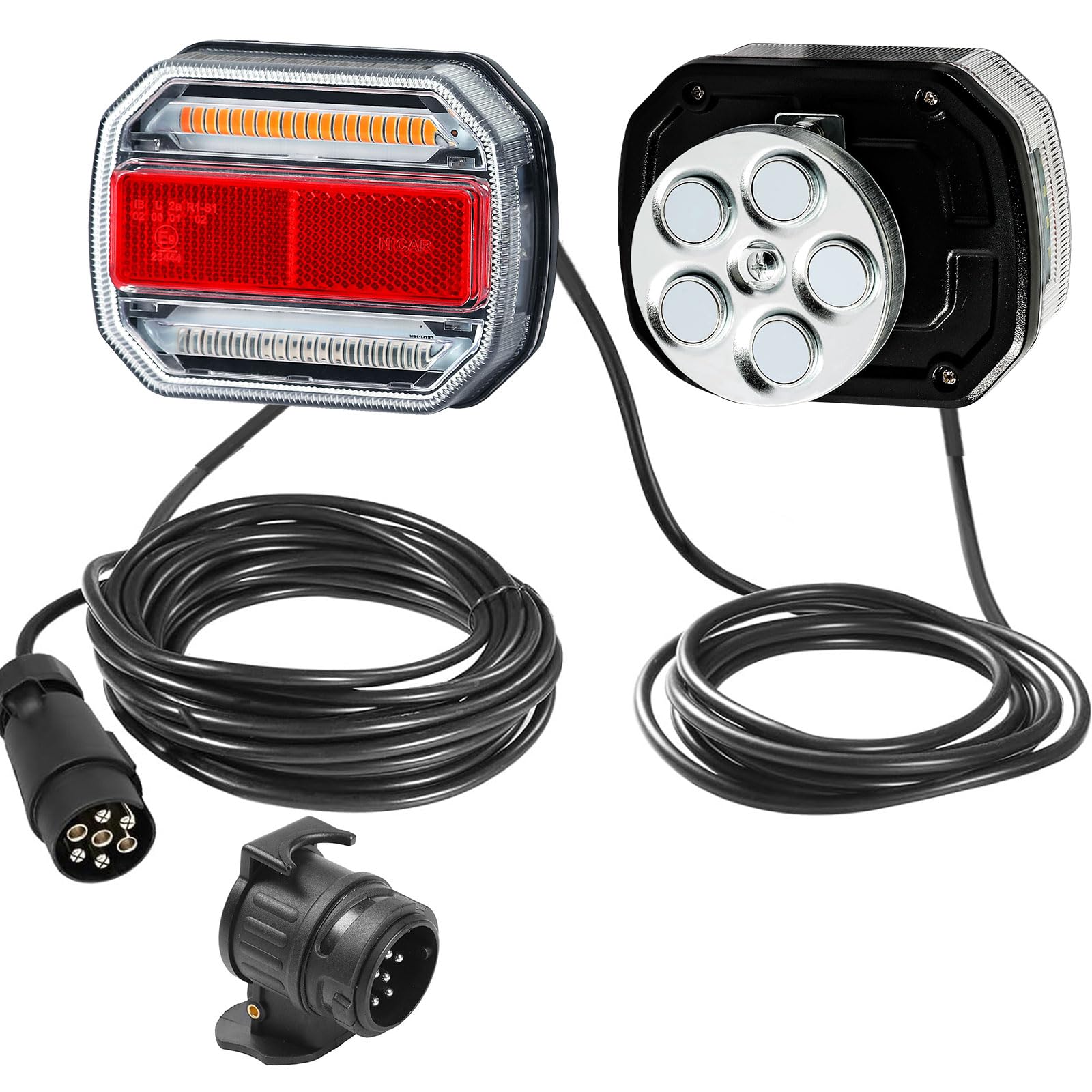 Led Anhänger Rückleuchten 7 Polig mit Magneten 12V 24V Verkabel 7,5m Kabel und Stecker Inkl. Anhänger Adapter 13 Polig Auf 7 Polig,Anänger Beleuchtung Ruecklicht Led Magnet