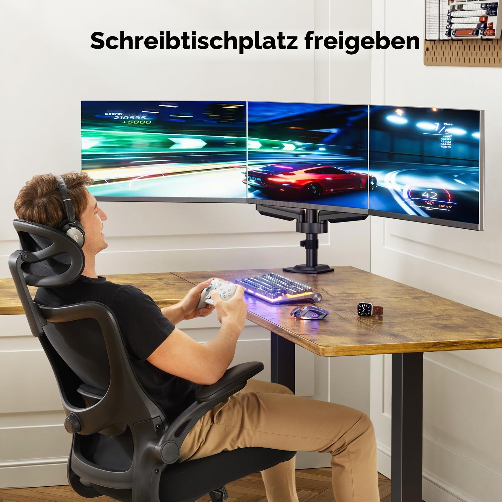 HUANUO Monitorhalterung 3 Monitore für 13-27 Zoll Computerbildschirme, Bildschirm Halterung 3 Monitore mit 8kg Gasfederarm, Triplemonitorstand mit Neigung, Drehung, Schwenkung, VESA 75x75, 100x100 mm