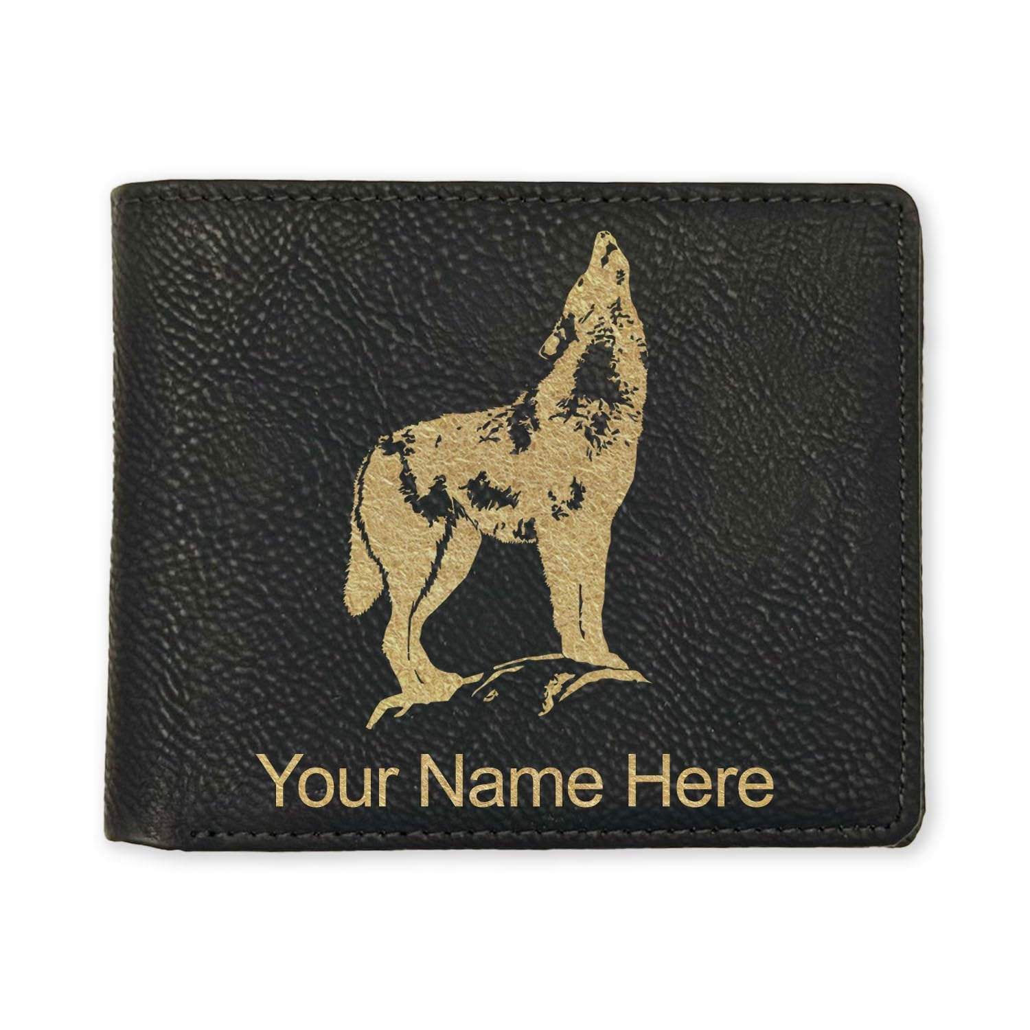 LaserGram Faux Leather Bi-Fold Wallet, Howling Wolf, Personalized Engraving Included (Black with Gold)